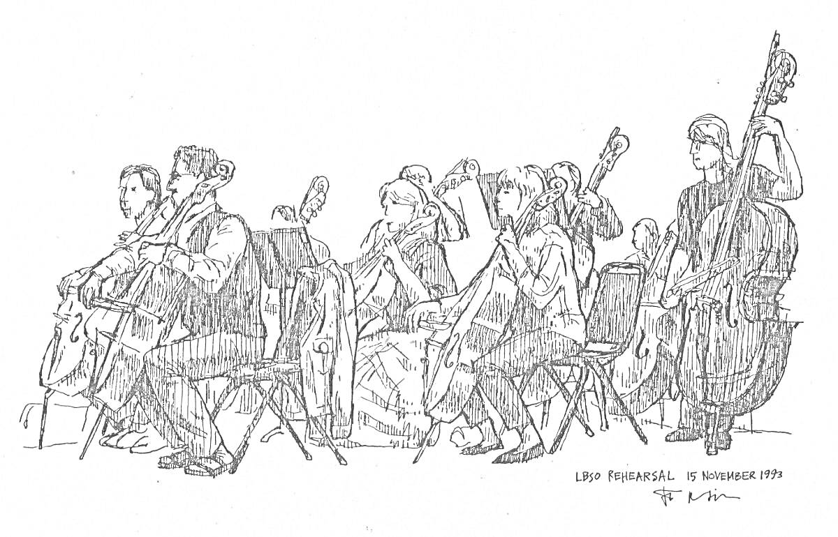 На раскраске изображено: Оркестр, Струнные инструменты, Виолончель, Контрабас, Музыканты, Музыка