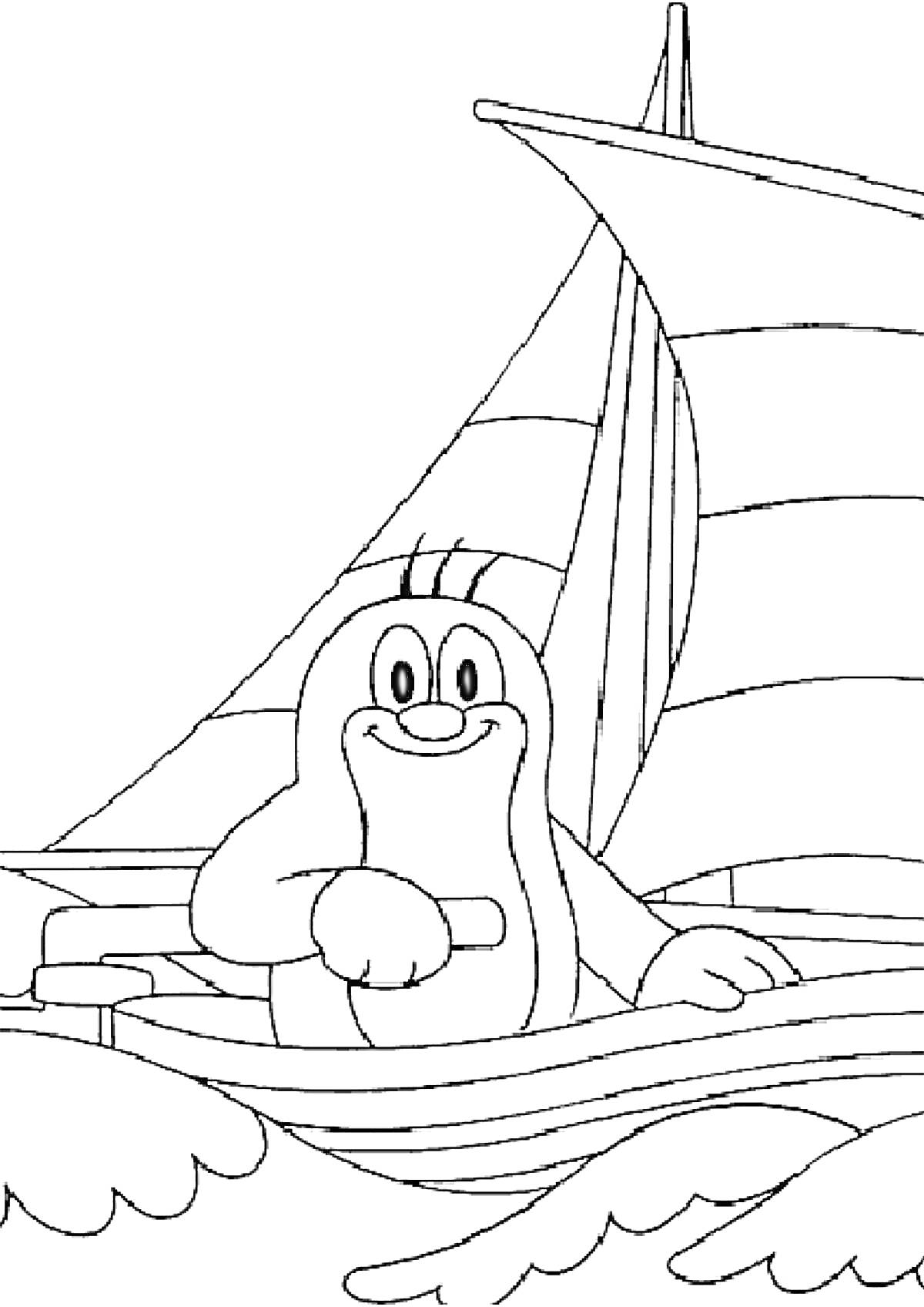 Раскраска Крот на лодке с парусом в море