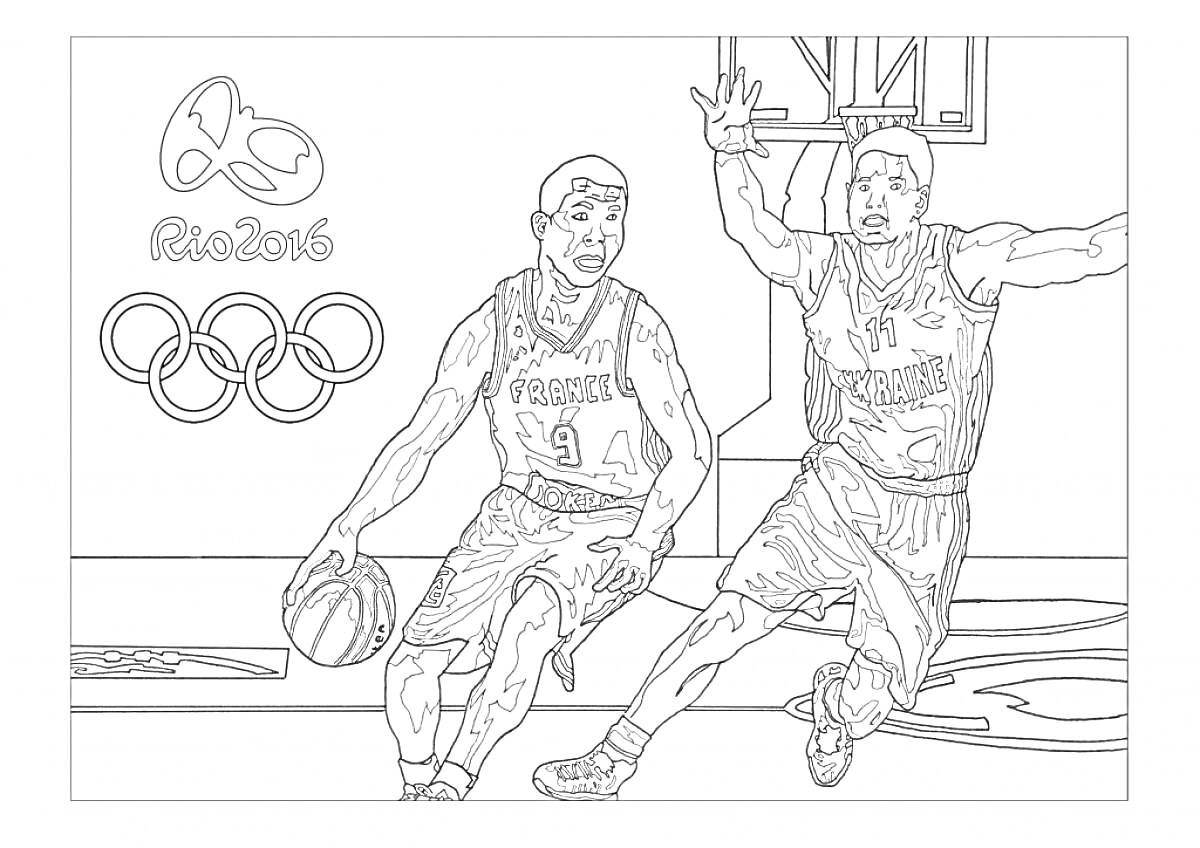 Раскраска Два баскетболиста на площадке, игра с логотипом и символикой Рио 2016, кольца Олимпийских игр