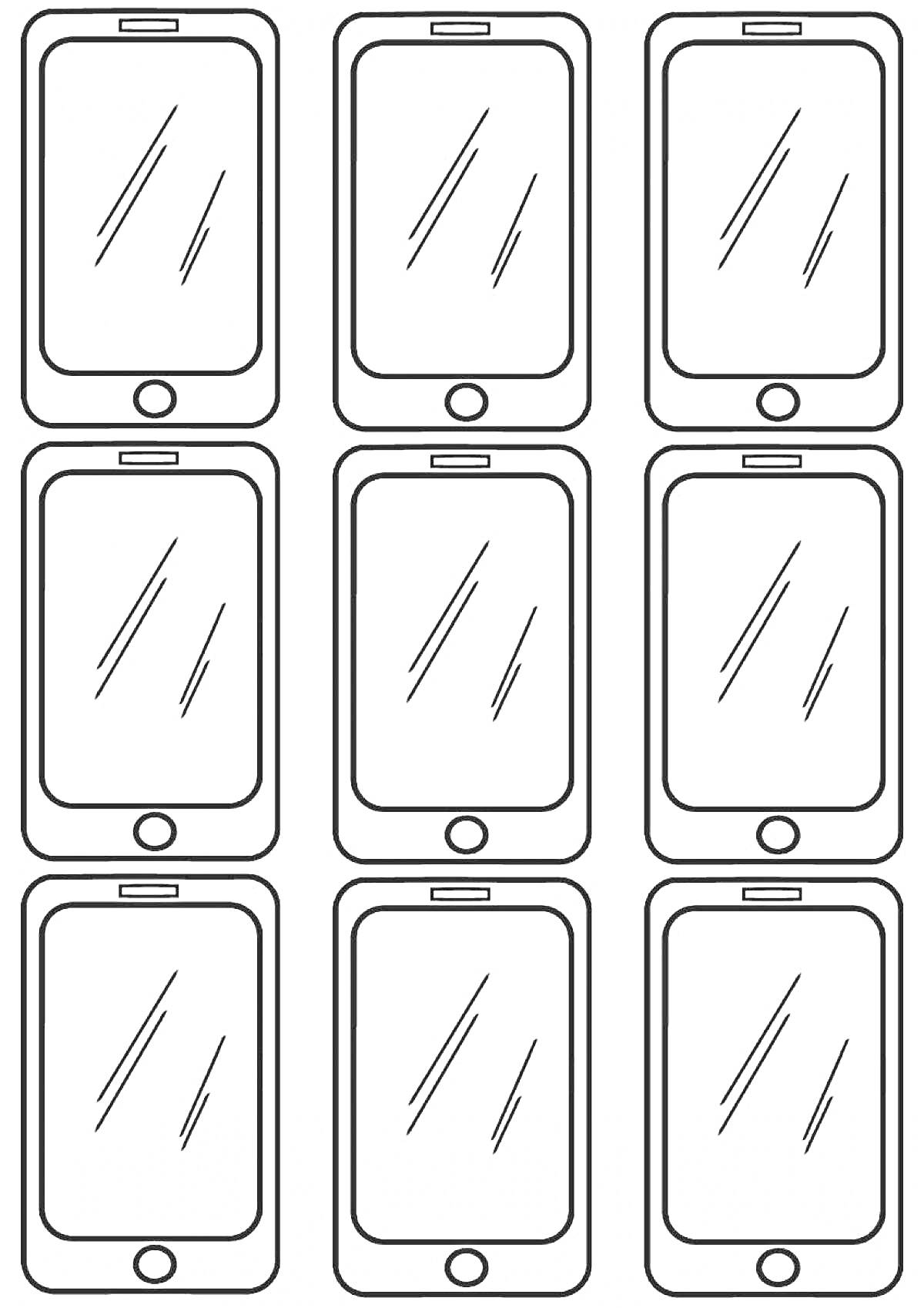 Шаблон для раскрашивания с изображением девяти смартфонов с круглыми кнопками и динамиками