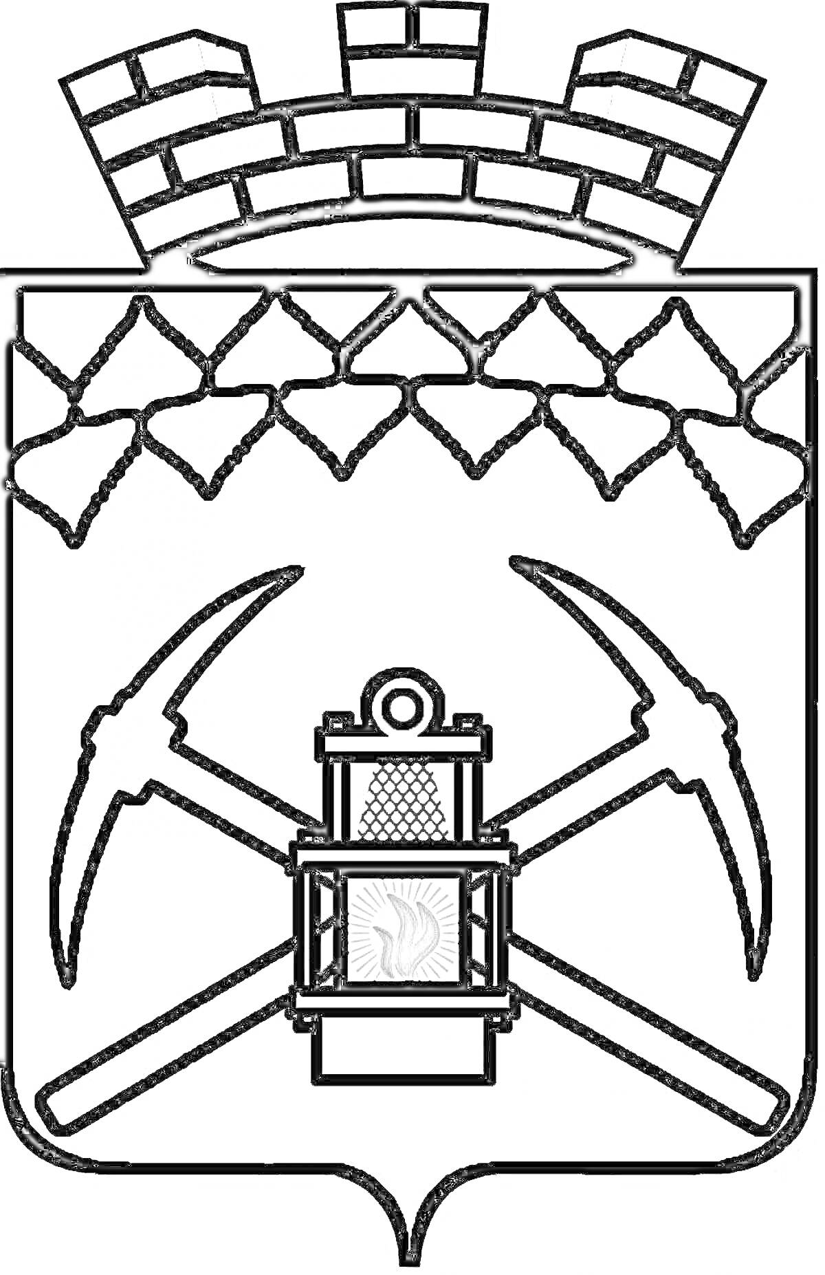 Герб Кузбасса с шахтёрскими инструментами и лампой