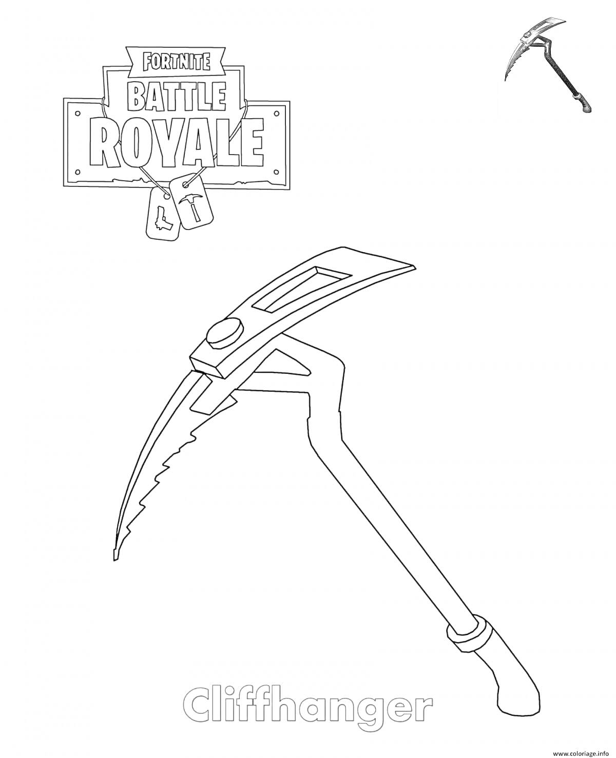 На раскраске изображено: Кирка, Fortnite, Battle Royale, Инструмент, Игровой предмет
