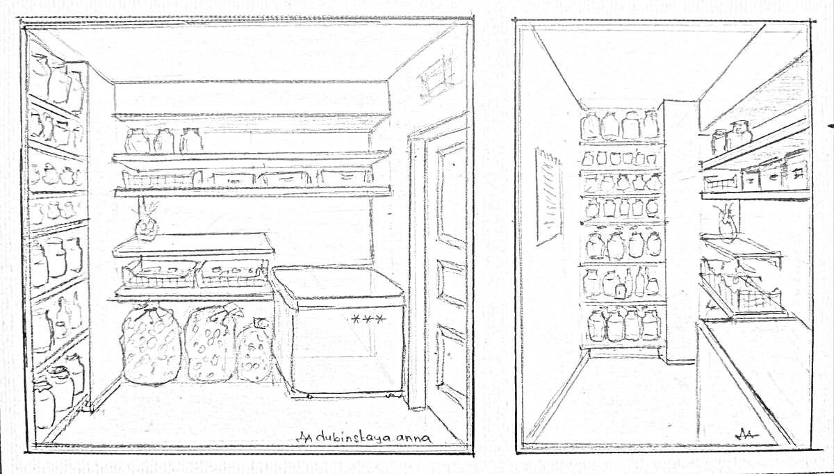 Раскраска Подвал с полками, ящиками, мешками и морозильной камерой