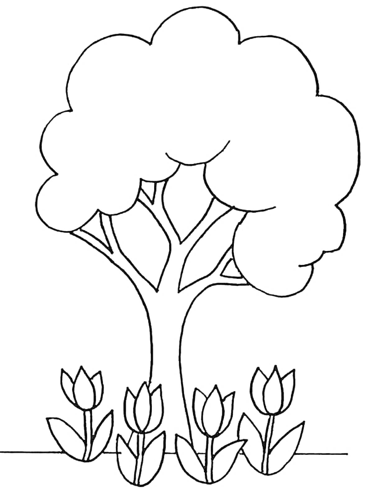 На раскраске изображено: Цветы, Детский сад, Растения, Природа, Листья, Тюльпаны