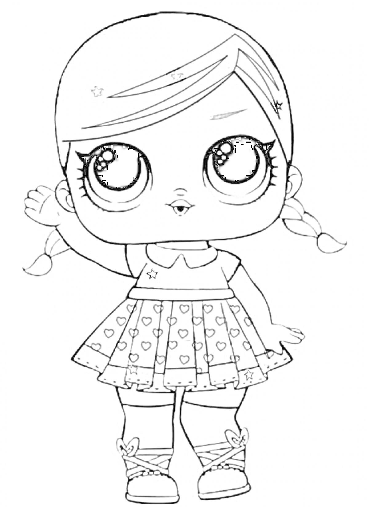 Раскраска Кукла Лол с косичками в платье с сердечками и ботинках с бабочками, поднимающая одну руку