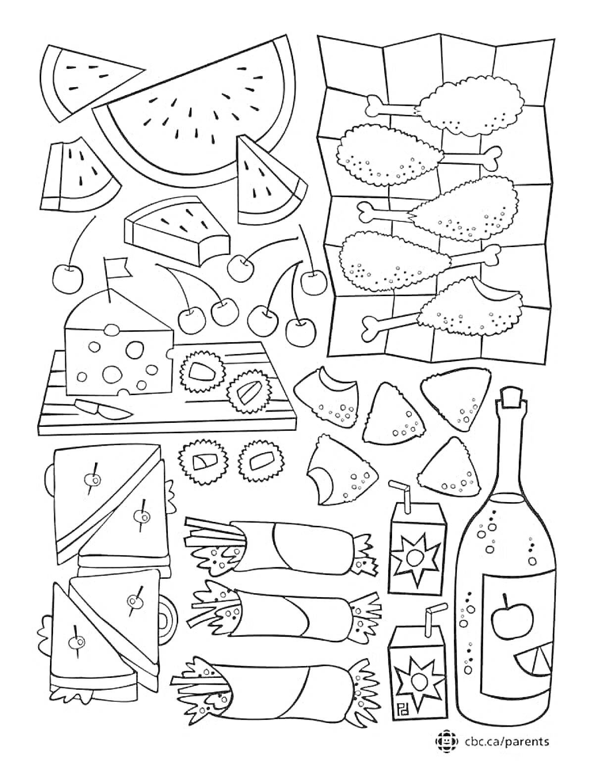 Раскраска пикник с арбузом, вишней, курицей, сыром, сендвичами, кифли, крекерами, чипсами, напитками и бутылкой