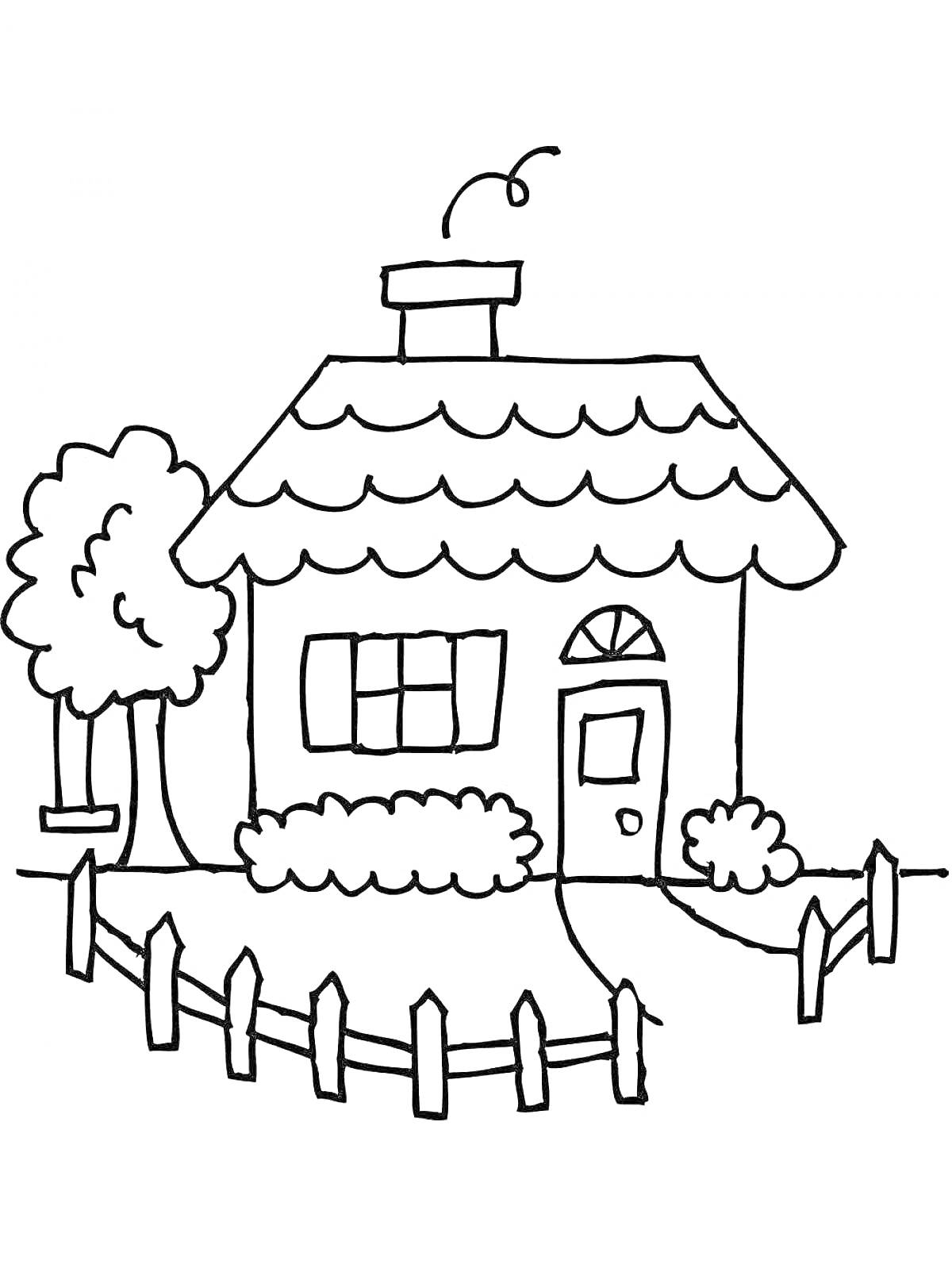 На раскраске изображено: Дом, Кусты, Забор, Дверь, Дымоход, Крыша, Трава, Дорожка, Окна, Деревья