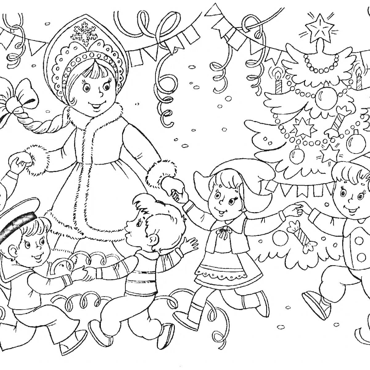 На раскраске изображено: Снегурочка, Хоровод, Новый год, Игрушки, Рождество, Для детей, Гирлянда, Елки, Праздники