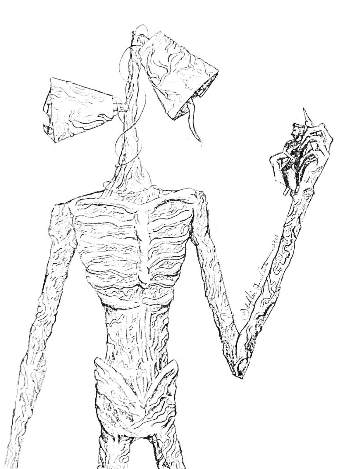 Раскраска Сирена головы с приподнятой рукой, рисунок с деталями текстуры кожи и сиренами на голове