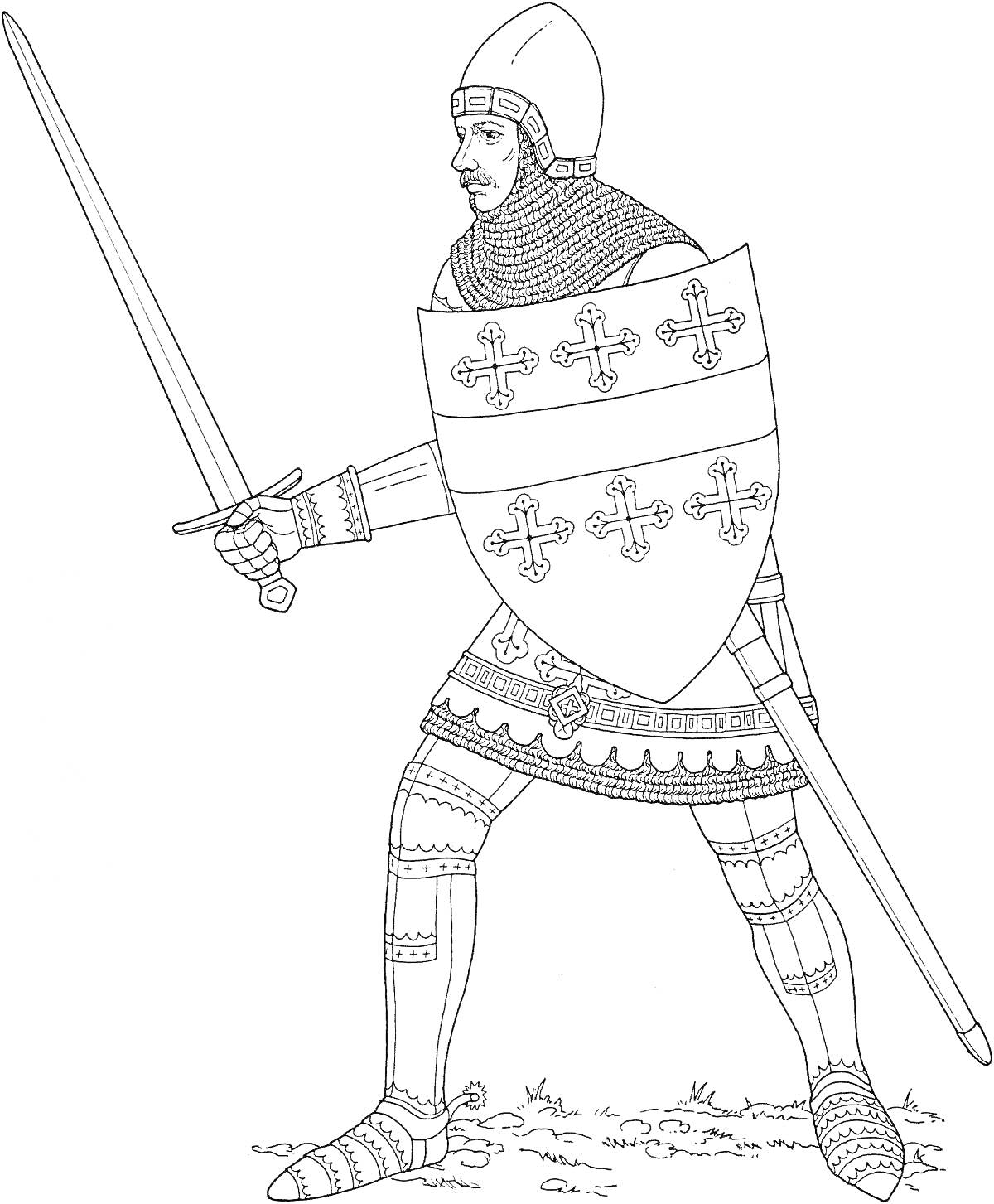 На раскраске изображено: Доспехи, Меч, Щит, Средневековье