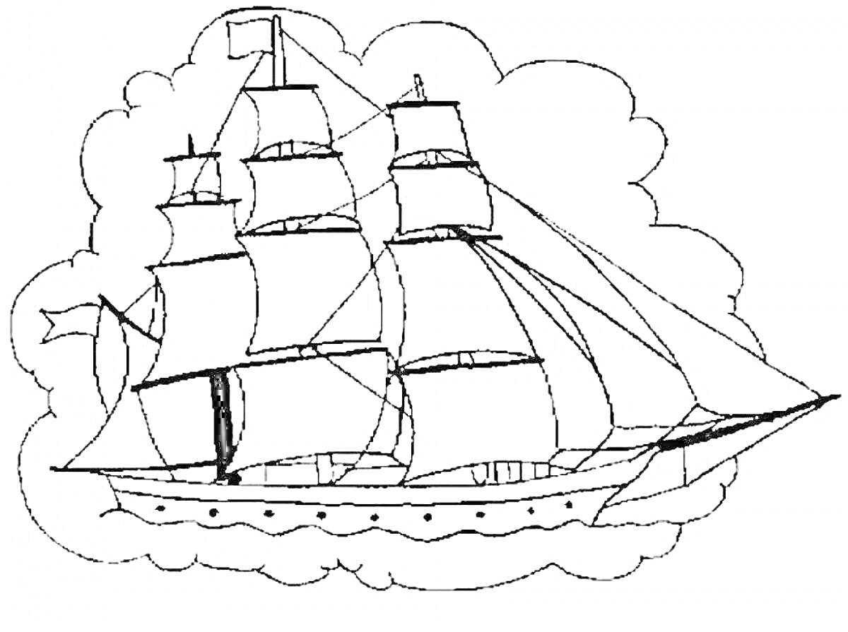 На раскраске изображено: Корабль, Паруса, Море, Плавание, Облака