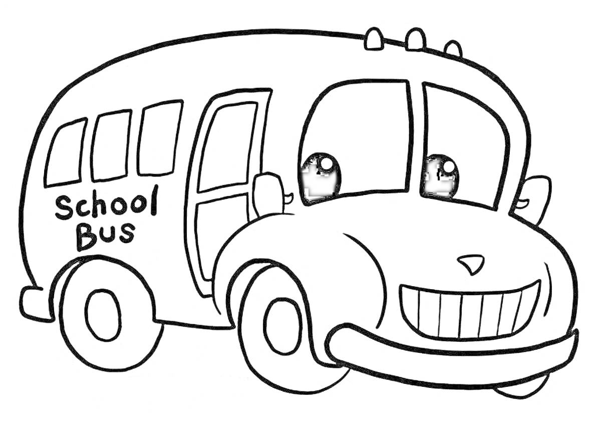 На раскраске изображено: Школьный автобус, Транспорт, Автобус, Школа, Надпись, Улыбка, Большие глаза, Колеса, Окна, Для детей, Дверь