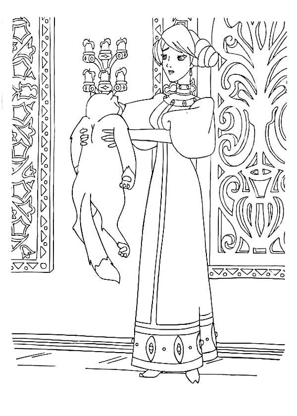 Раскраска Женщина в традиционной одежде держит кролика в интерьере с замысловатыми узорами