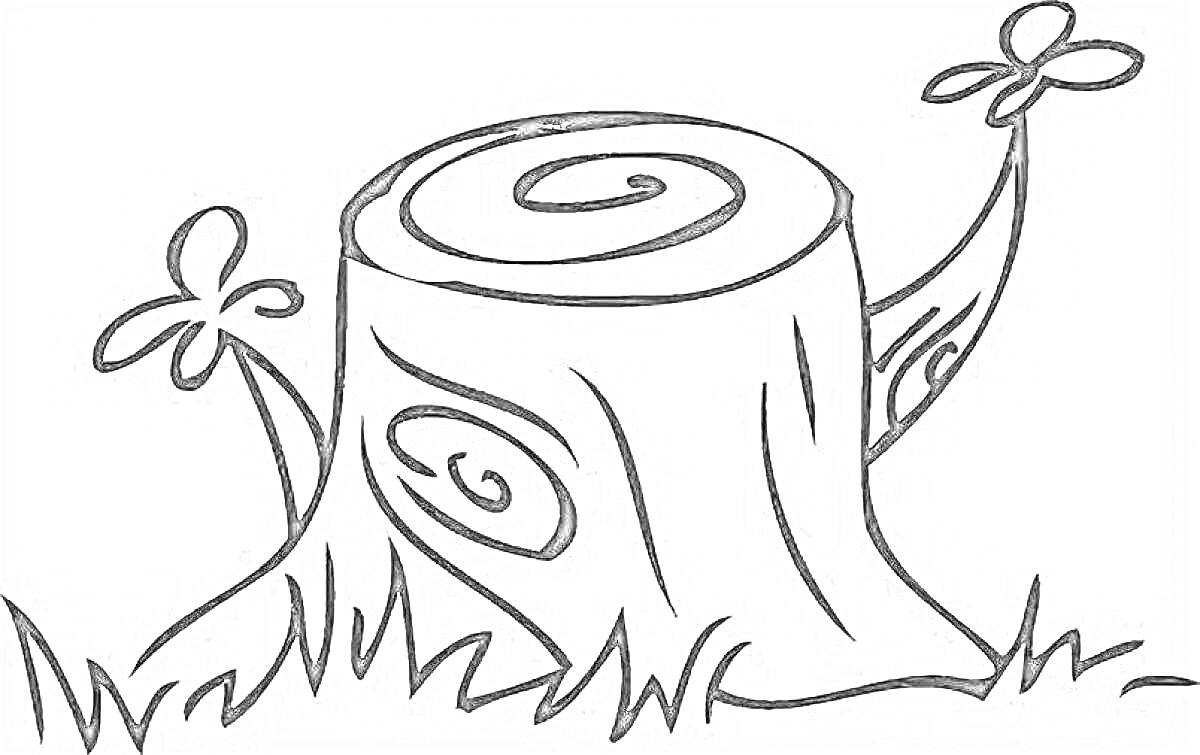 На раскраске изображено: Пень, Трава, Цветы, Природа