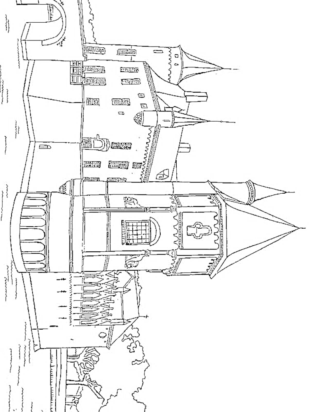 Раскраска Замок с крепостными стенами и башнями, окруженный рвом