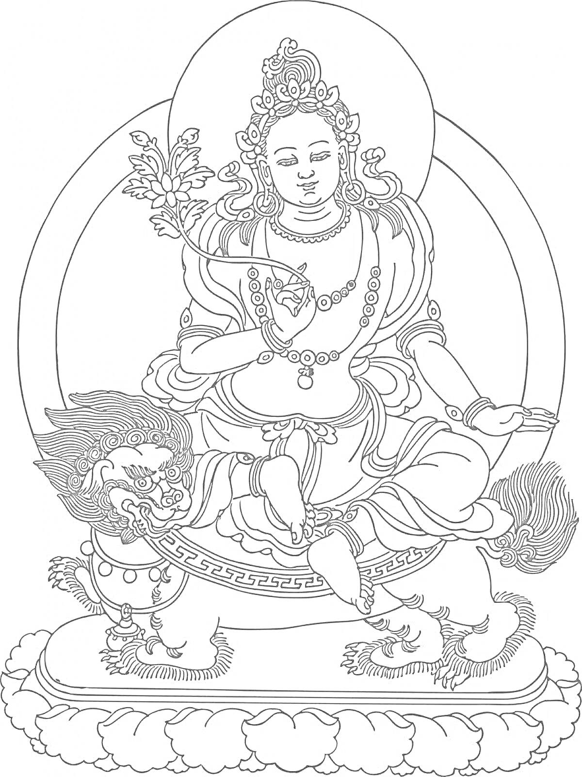 На раскраске изображено: Буддизм, Будда, Трон, Львы, Духовность, Медитация, Религия, Ветка