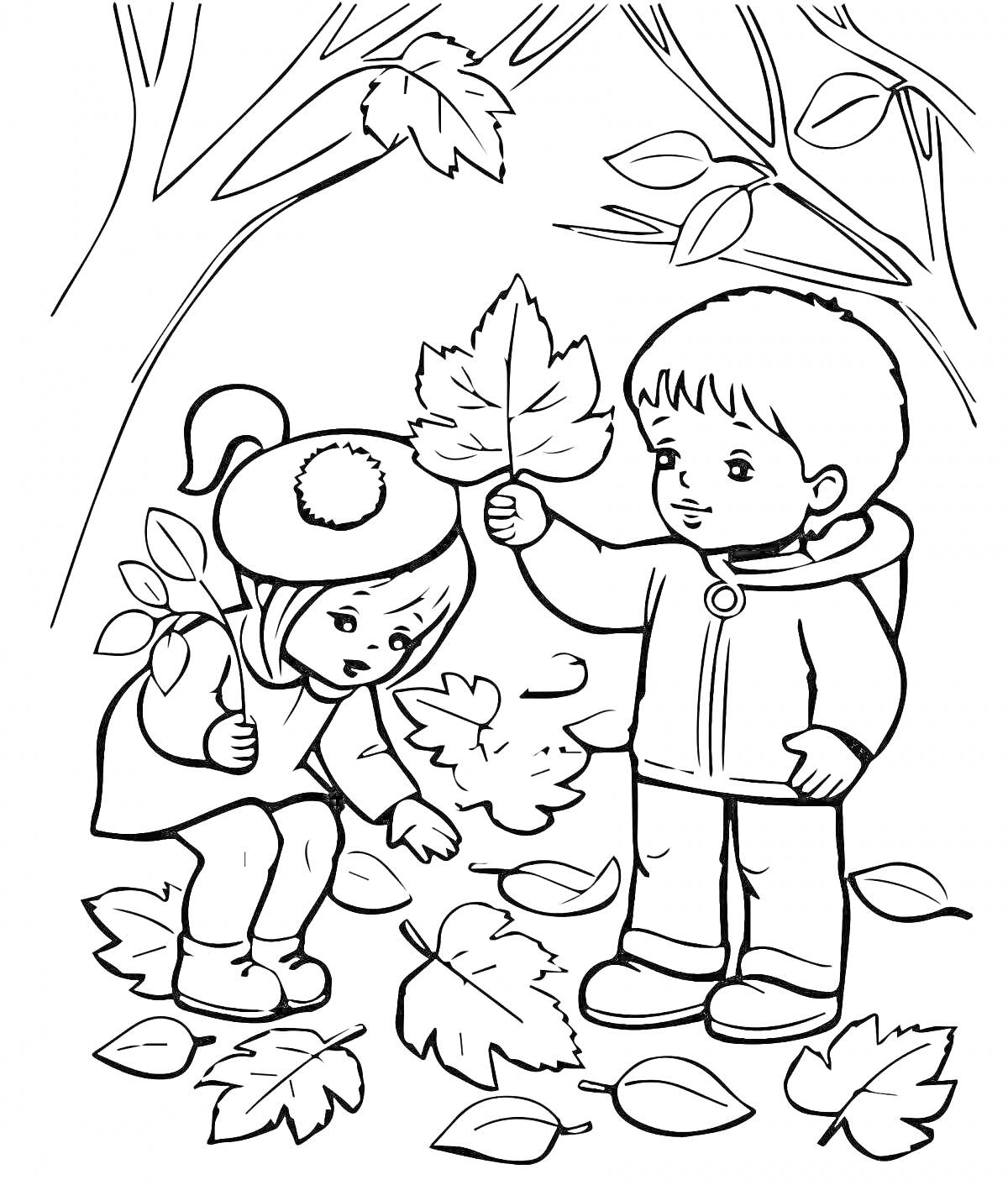 На раскраске изображено: Осень, Листья, Деревья, Прогулка, Сбор листьев, Природа, Шапка, Куртка