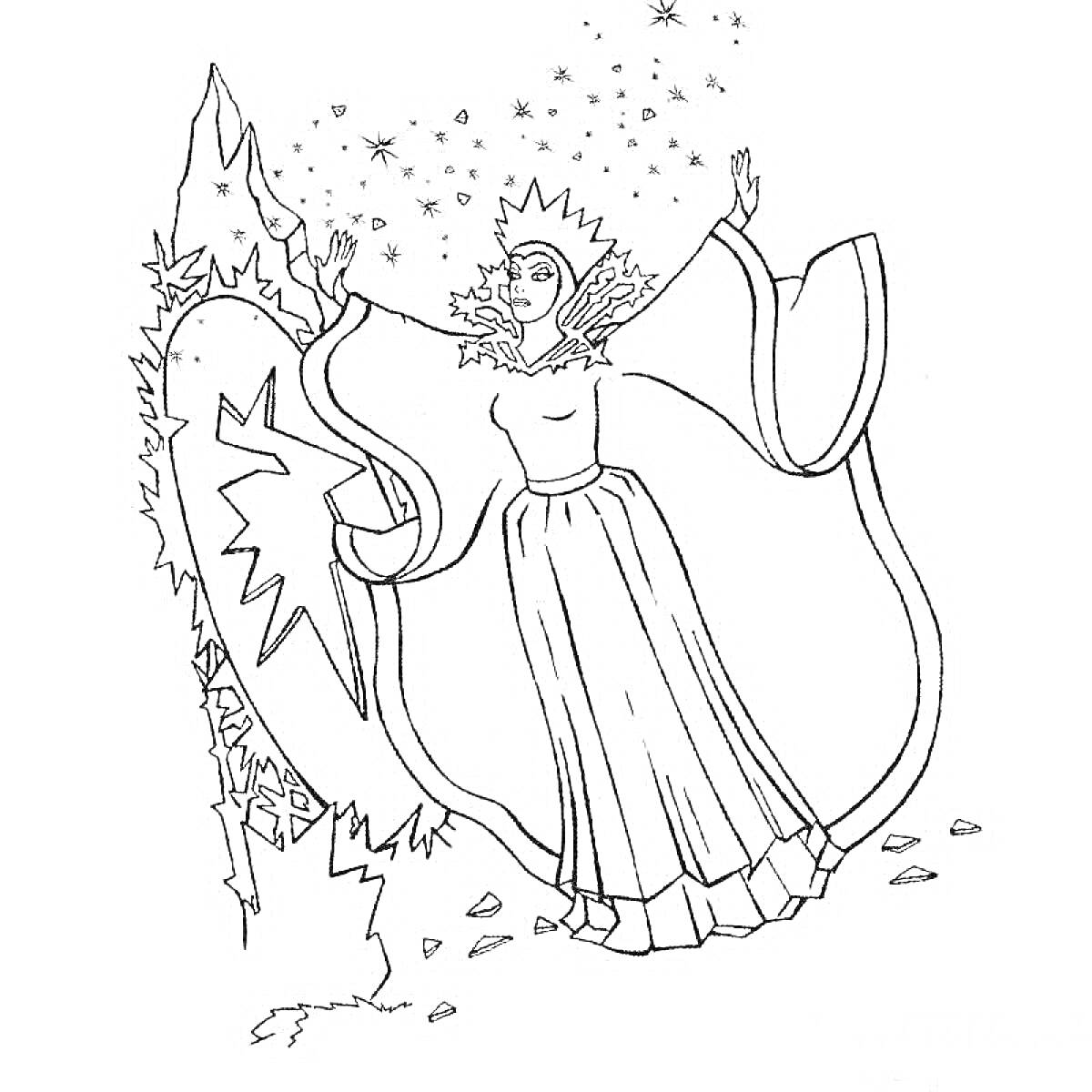 На раскраске изображено: Снежная королева, Волшебный посох, Снежинки, Платье
