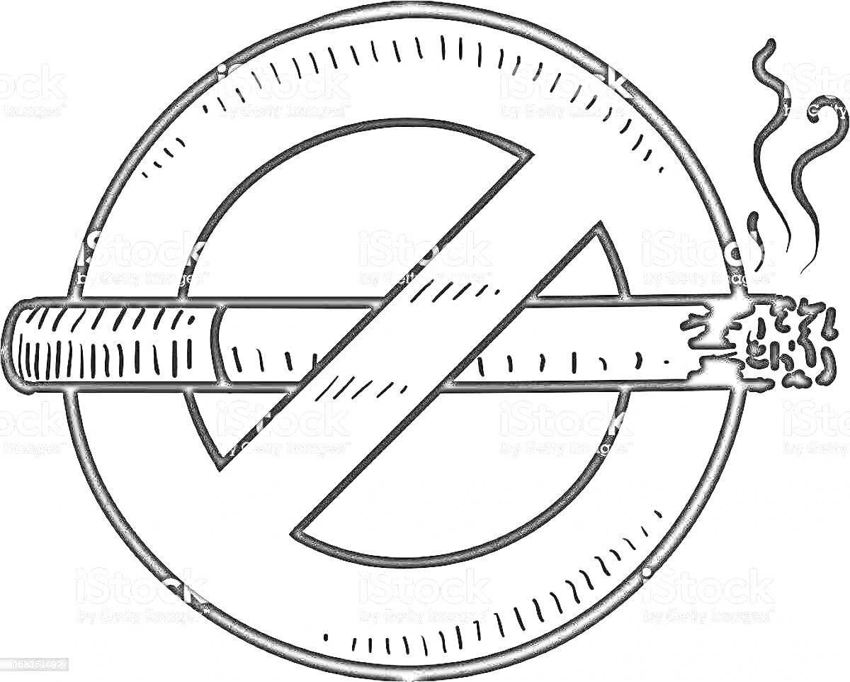 На раскраске изображено: Сигарета, Запрет курения, Дым, Здоровье