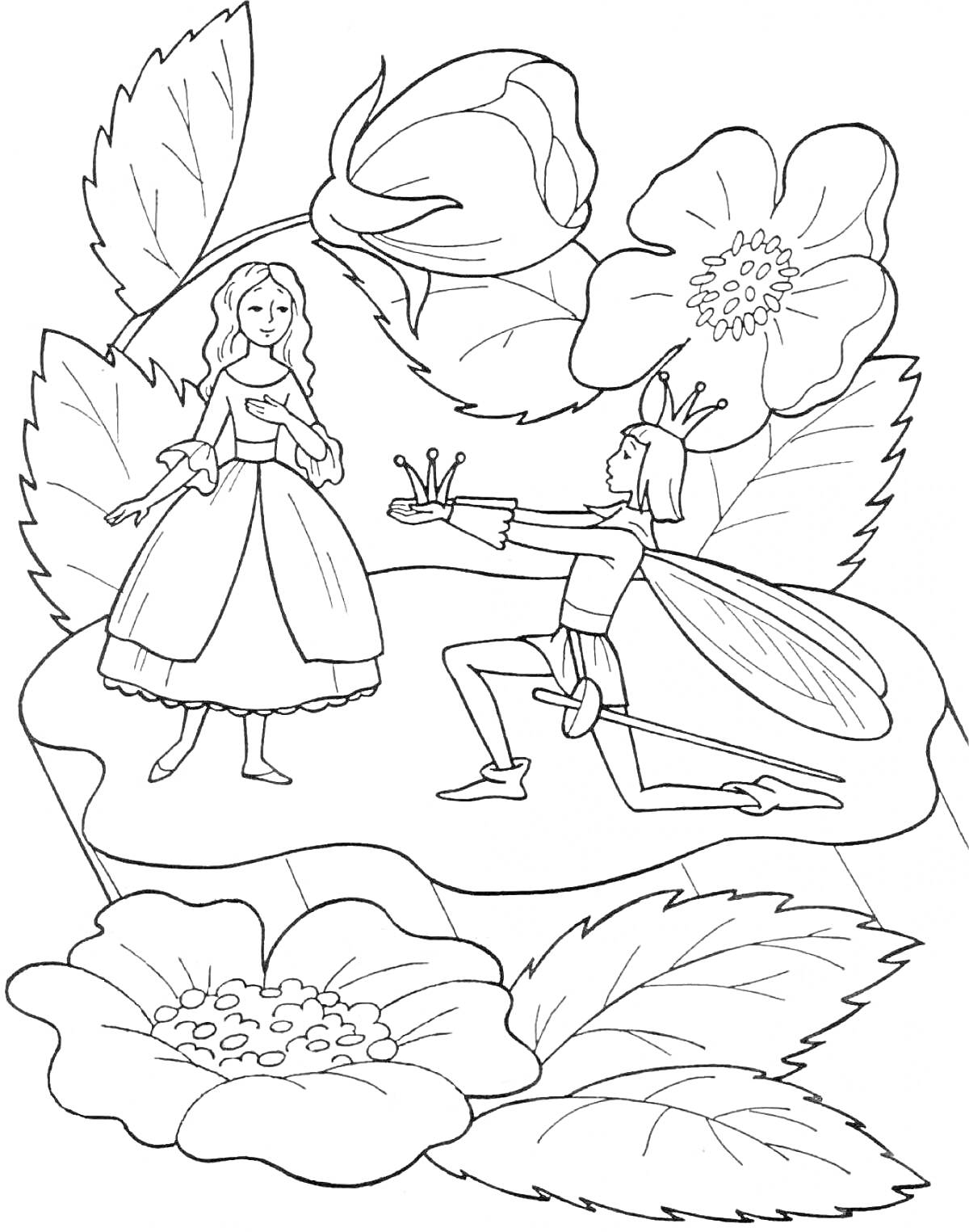 На раскраске изображено: Дюймовочка, Цветы, Принц, Листья