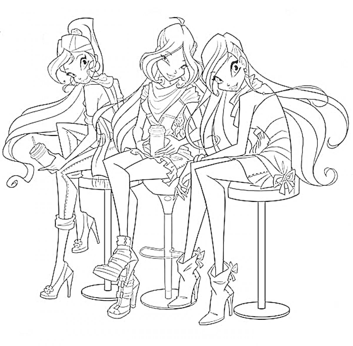 Раскраска Три девушки с длинными волосами на высоких стульях, одетые в модные наряды с высокими каблуками