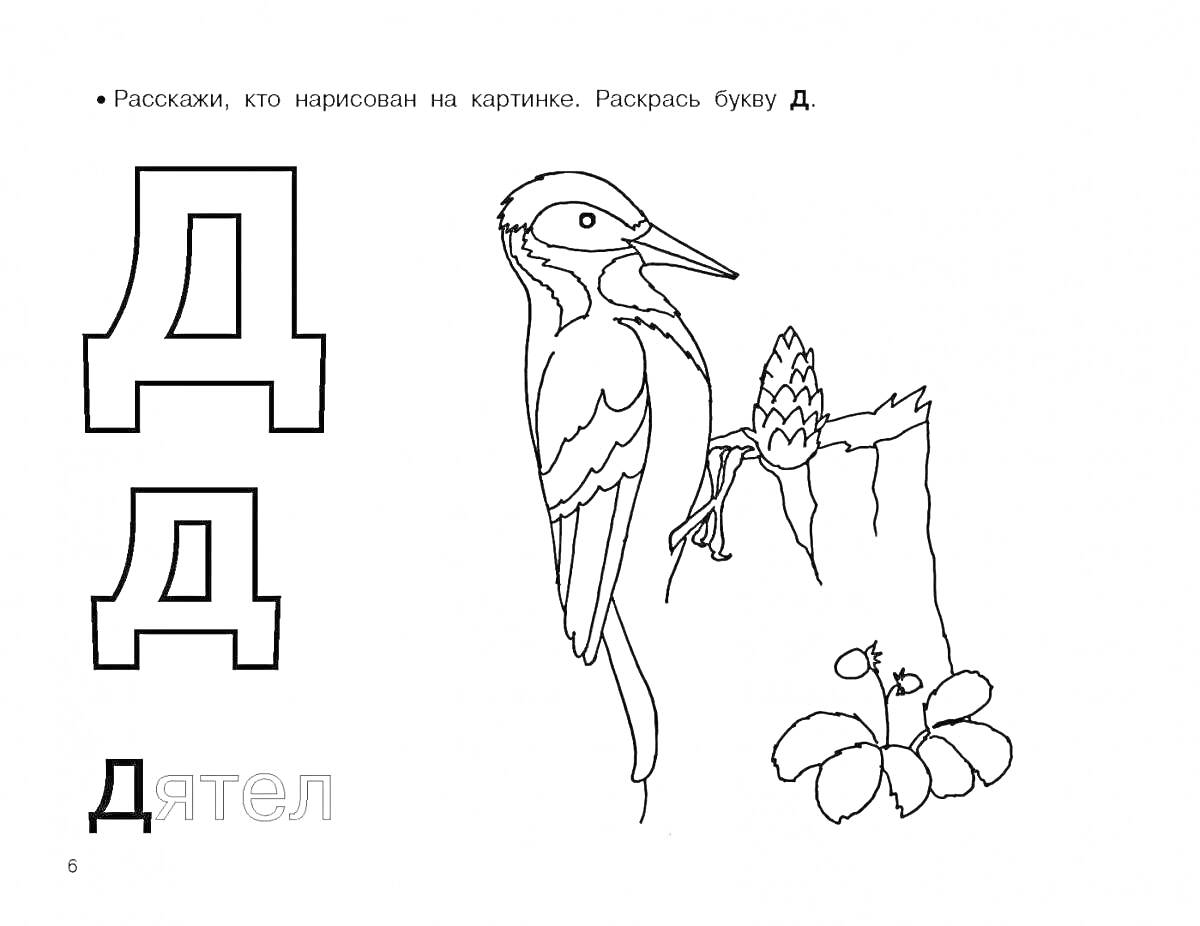 На раскраске изображено: Дятел, Буква Д, Дошкольники, Алфавит