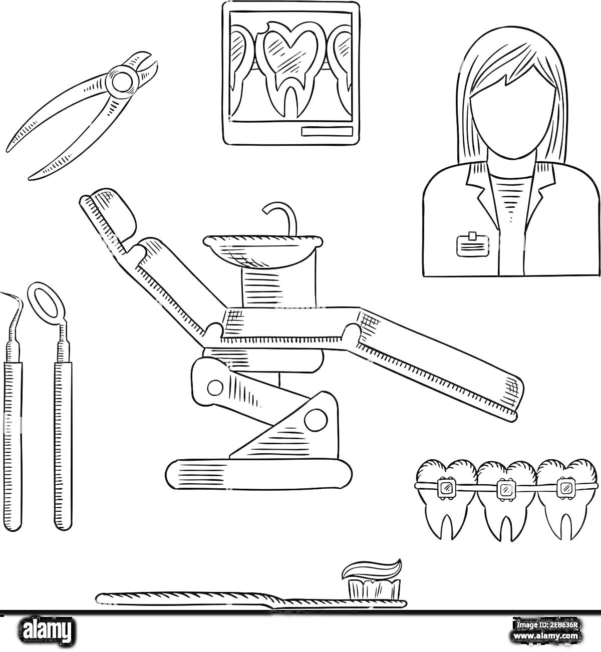 На раскраске изображено: Стоматолог, Кресло, Рентген, Зубы, Зубная щетка