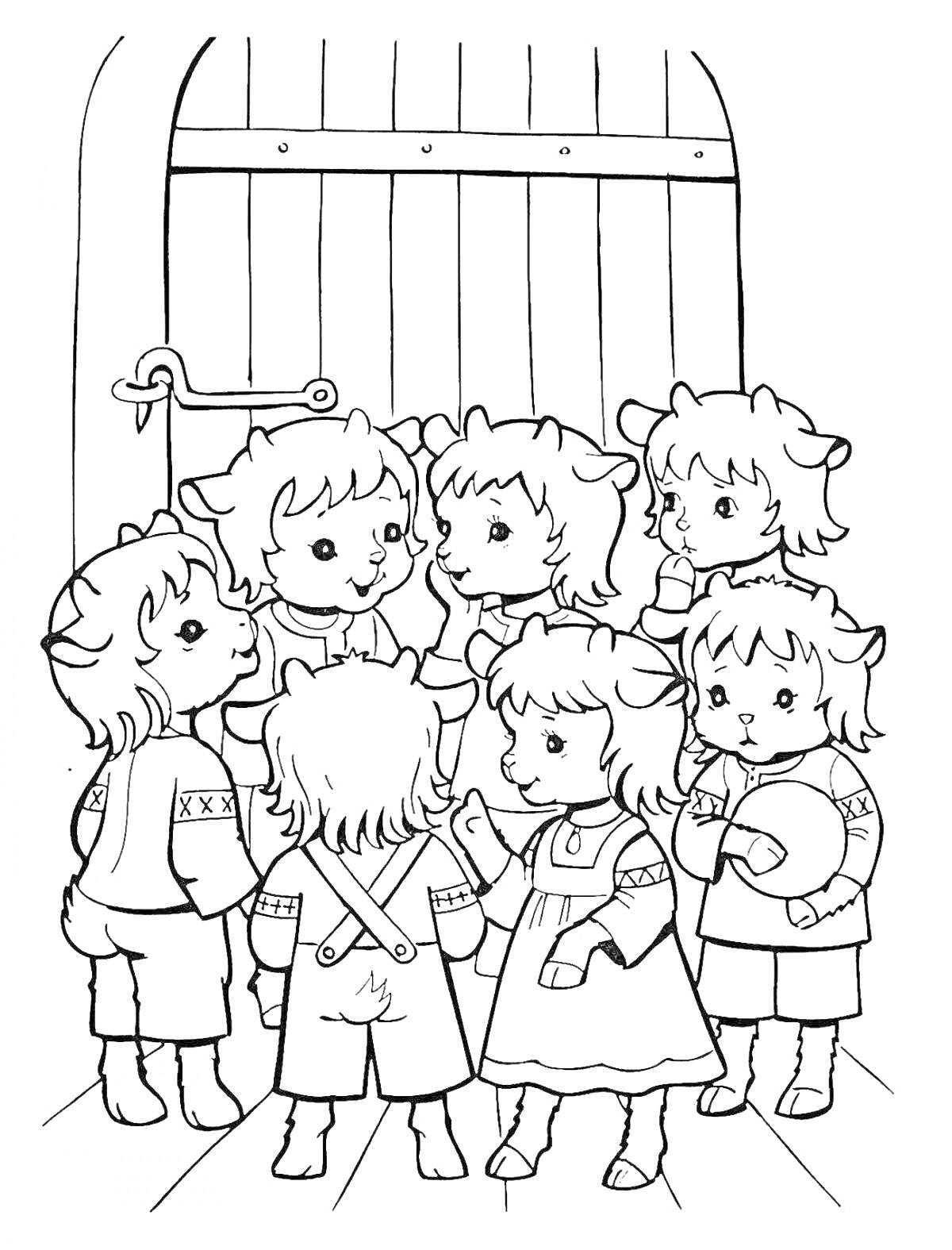 На раскраске изображено: Дверь, Волк и семеро козлят, Для детей, Для малышей, Сказочные персонажи, Животные, Сцена из сказки