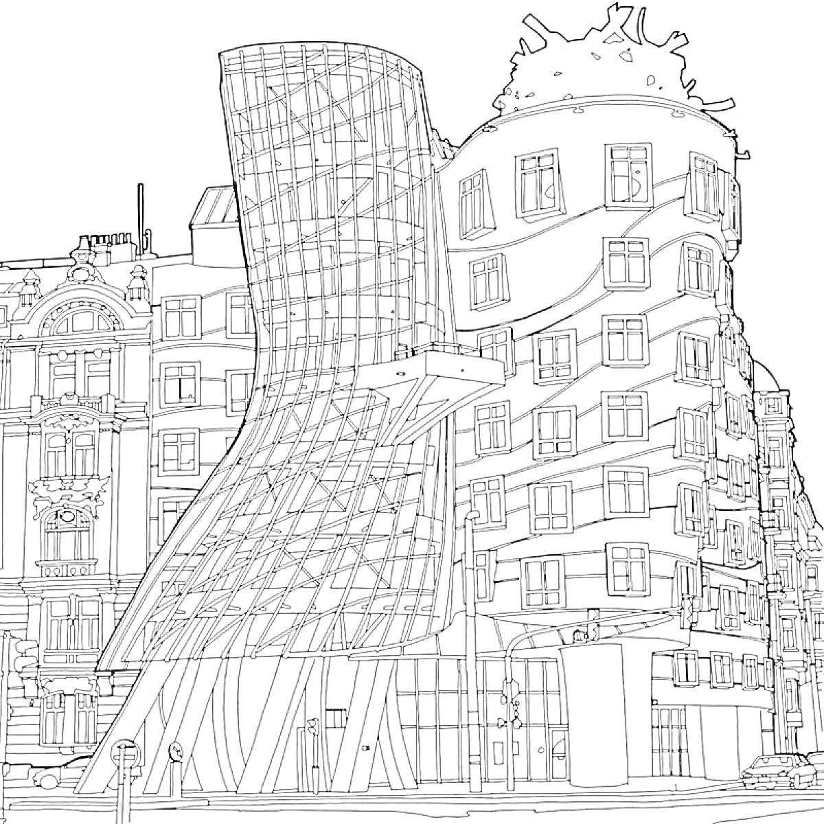 Раскраска Современный изгибающийся небоскрёб с остеклением и соседними зданиями в городском квартале