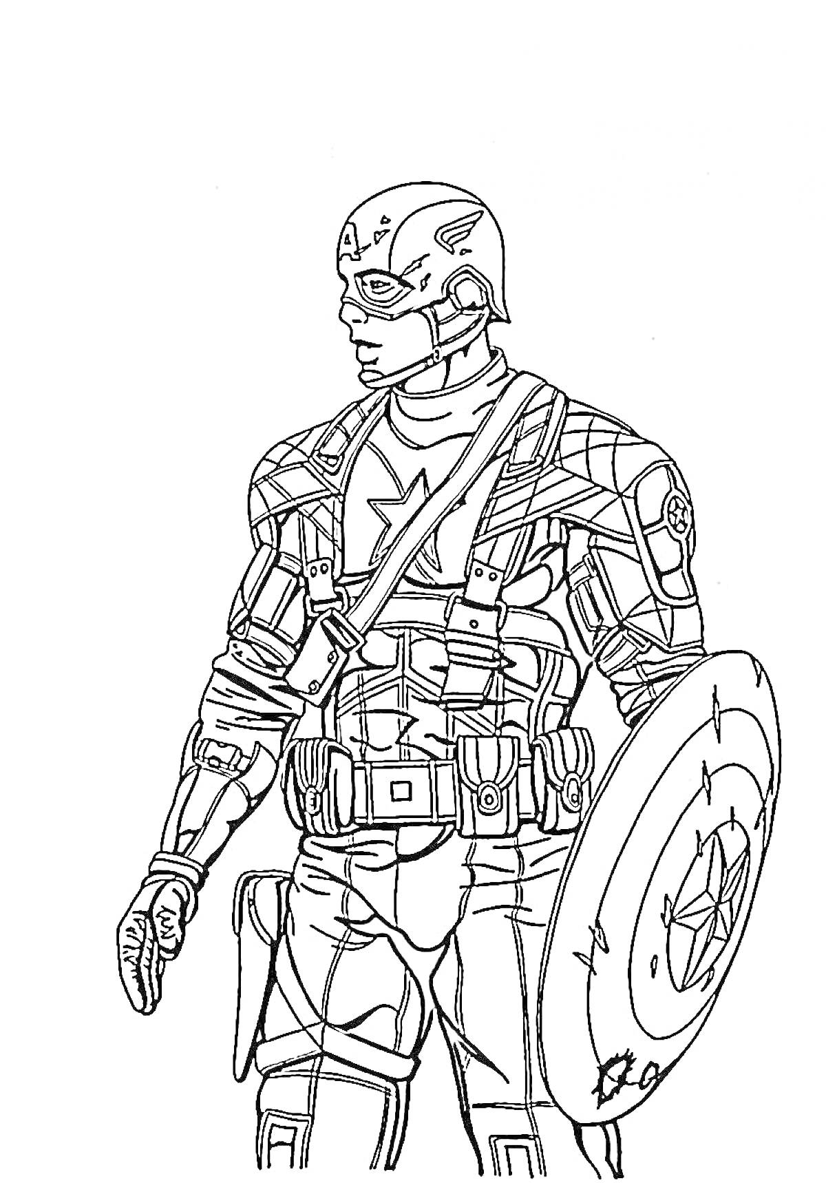 Раскраска Капитан Америка в костюме с щитом