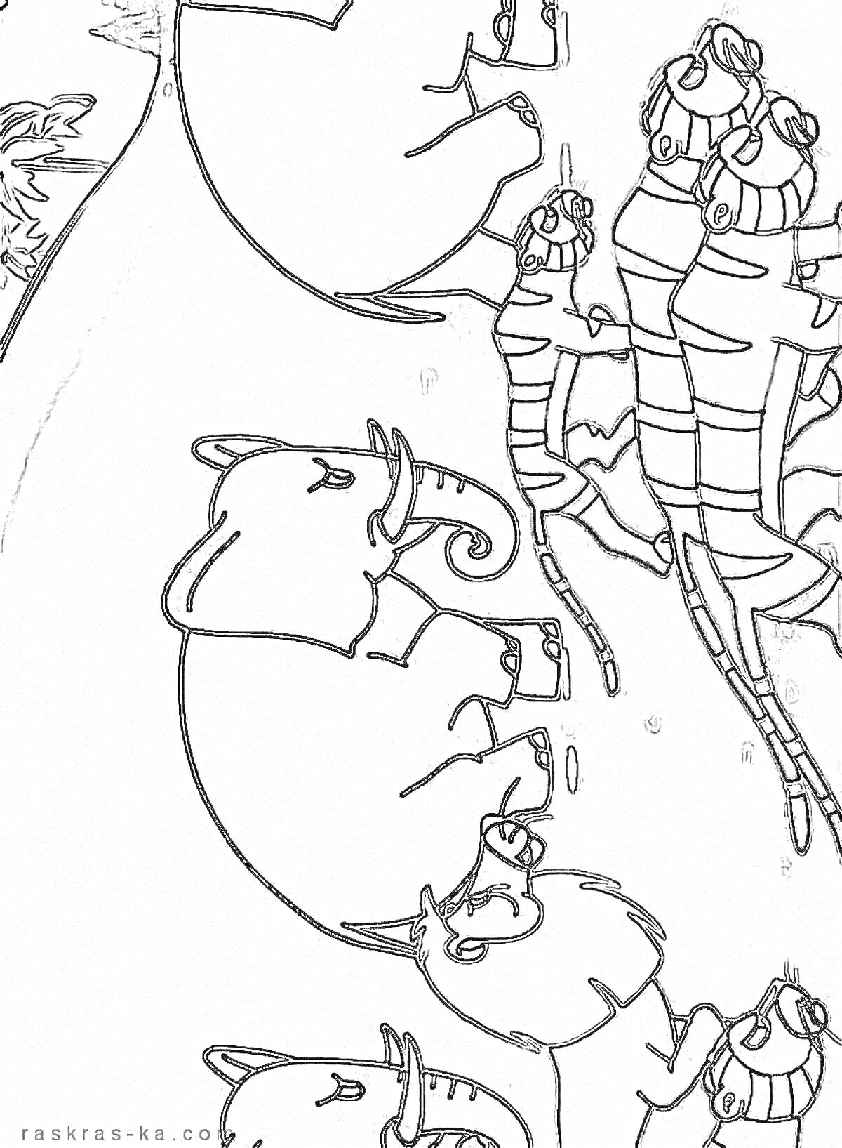 На раскраске изображено: Чуковский, Для детей, Животные, Слон, Тигр, Из сказок