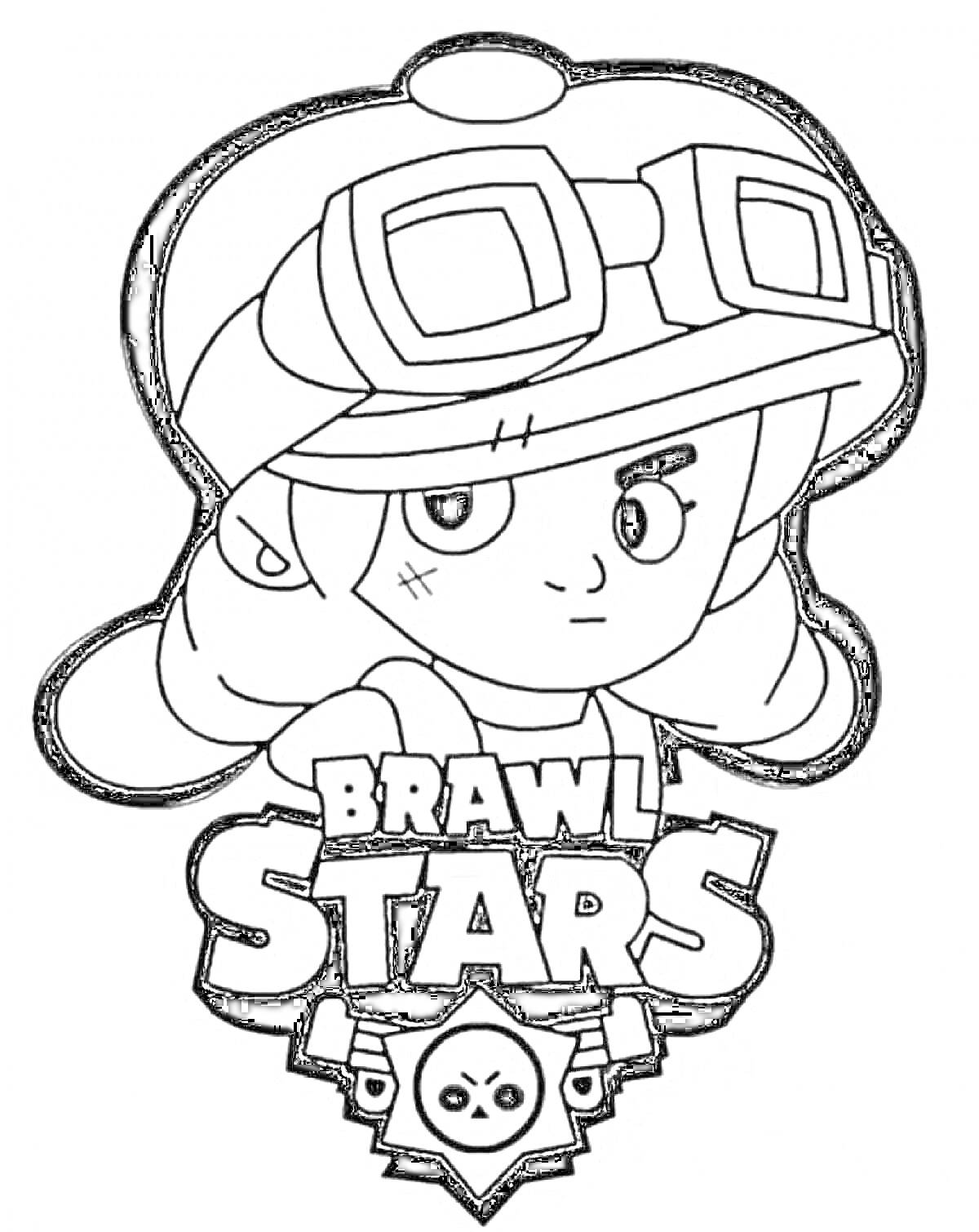 Раскраска Brawl Stars: персонаж в кепке и защитных очках, логотип Brawl Stars с черепом