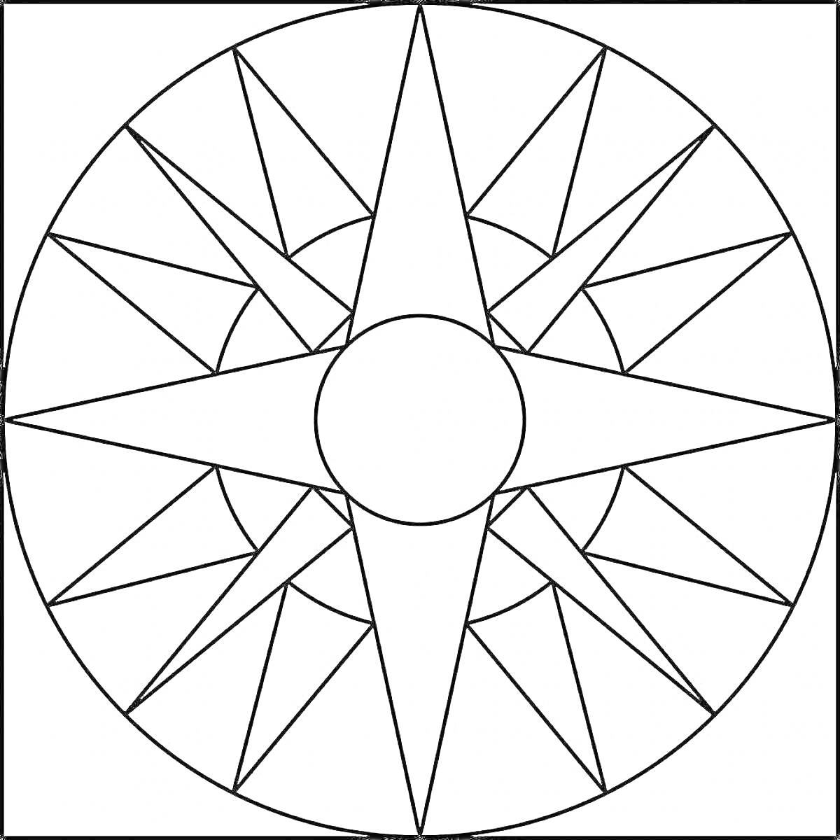 Раскраска Геометрический орнамент с кругом в центре, восемью лучами и треугольниками