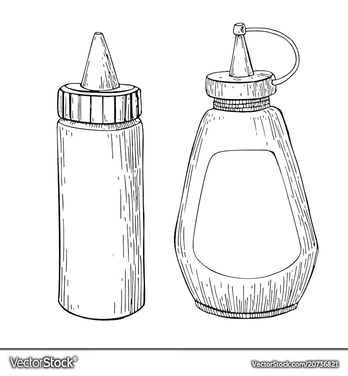 Раскраска Две бутылочки для соуса (одна цилиндрическая с крышкой-дозатором, вторая с широкой основной частью и крышкой с носиком и защелкой).