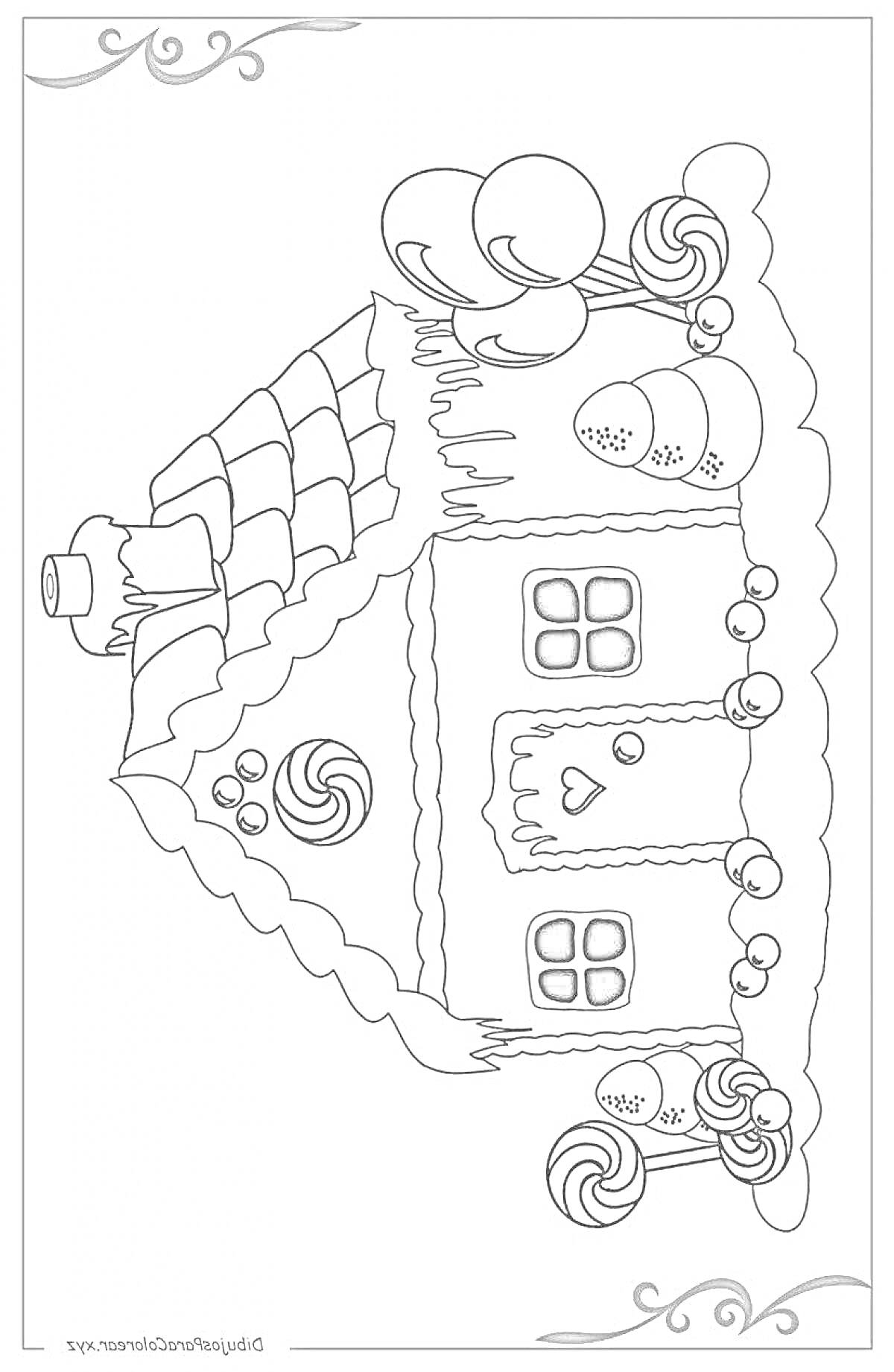 Раскраска Домик для кошки с конфетами, узорными окнами и крышей