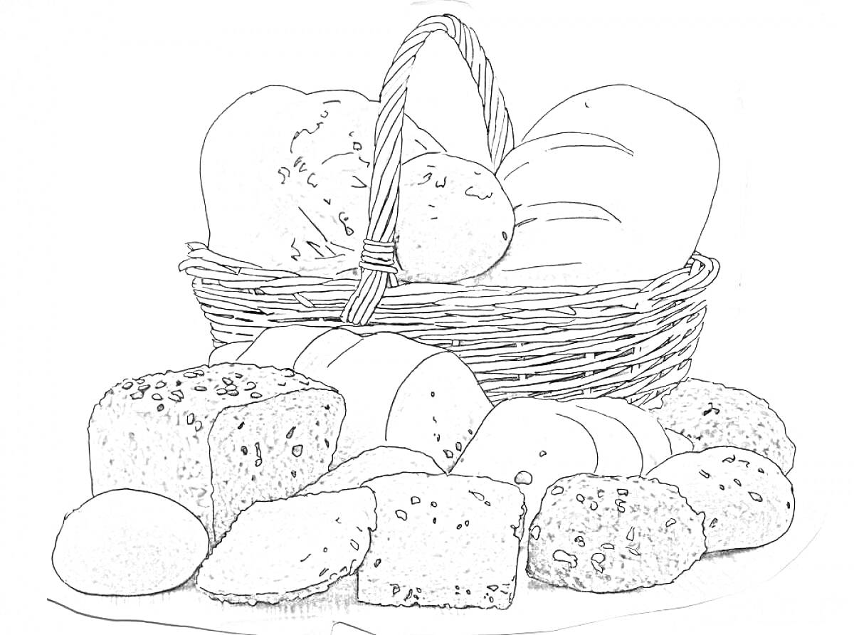 Раскраска Корзина с хлебом и разнообразные виды хлебобулочных изделий