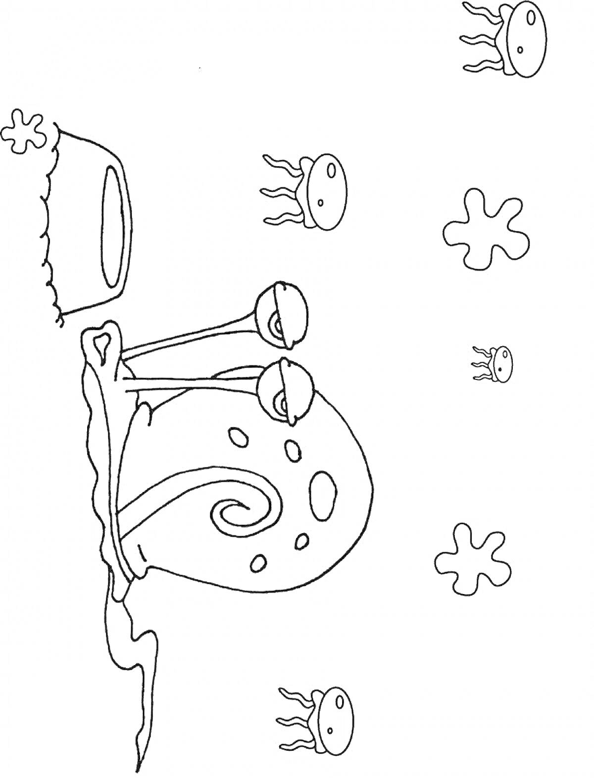 Раскраска Улитка Гэри, миска с едой, медузы, пятна
