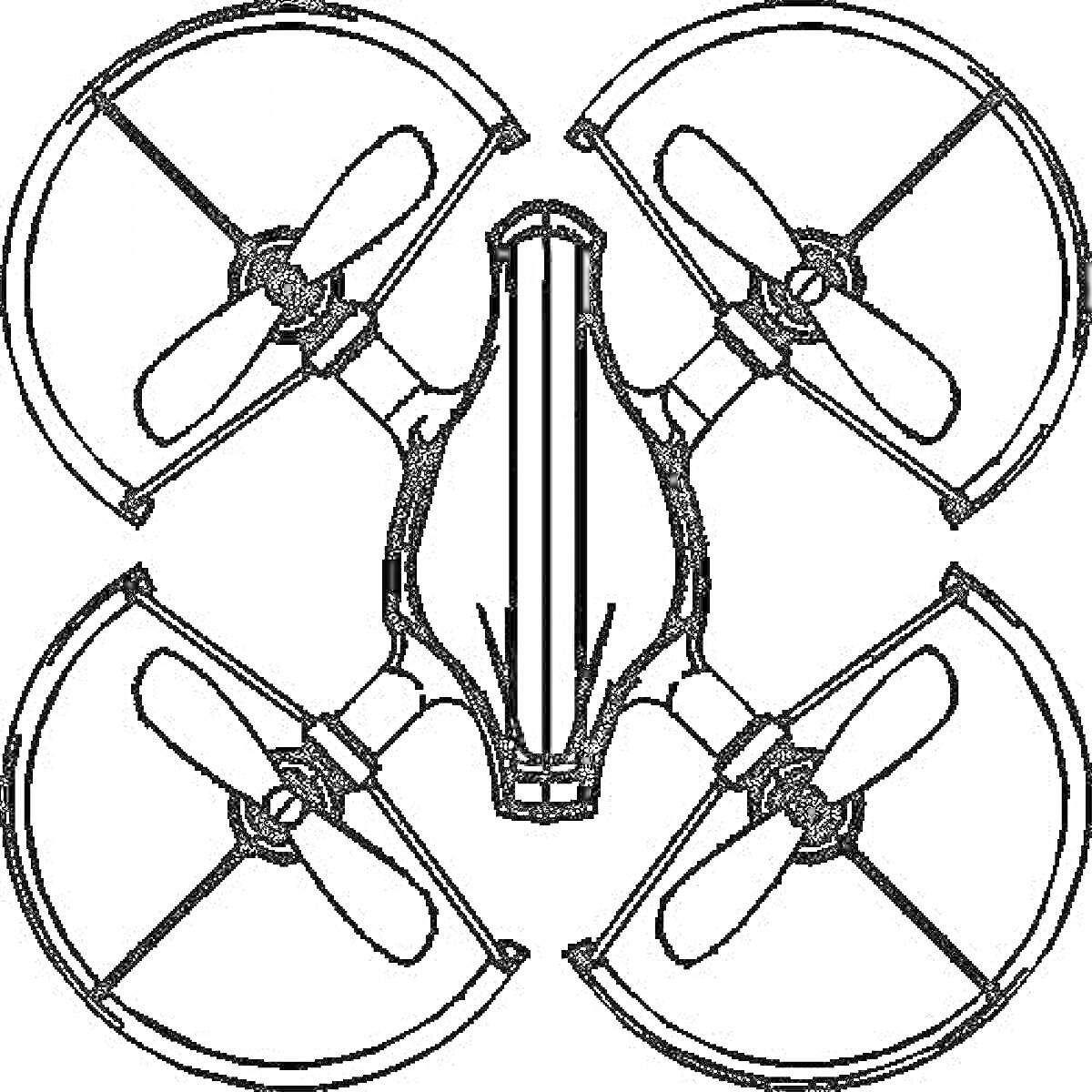 Раскраска Квадрокоптер с четырьмя пропеллерами и защитными рамами