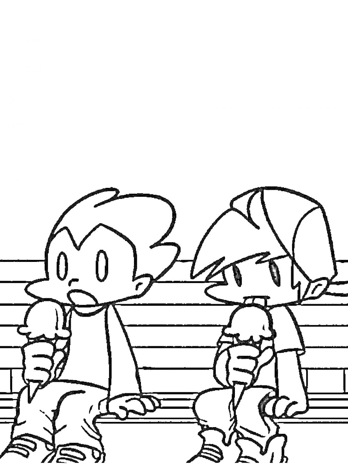 Раскраска Два персонажа из Friday Night Funkin сидят на скамейке и едят мороженое