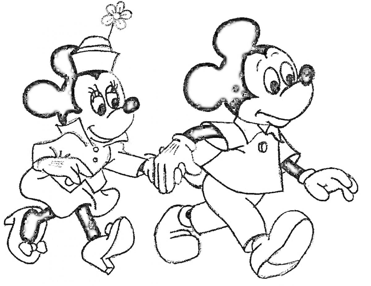 Раскраска Микки Маус и Минни Маус держатся за руки