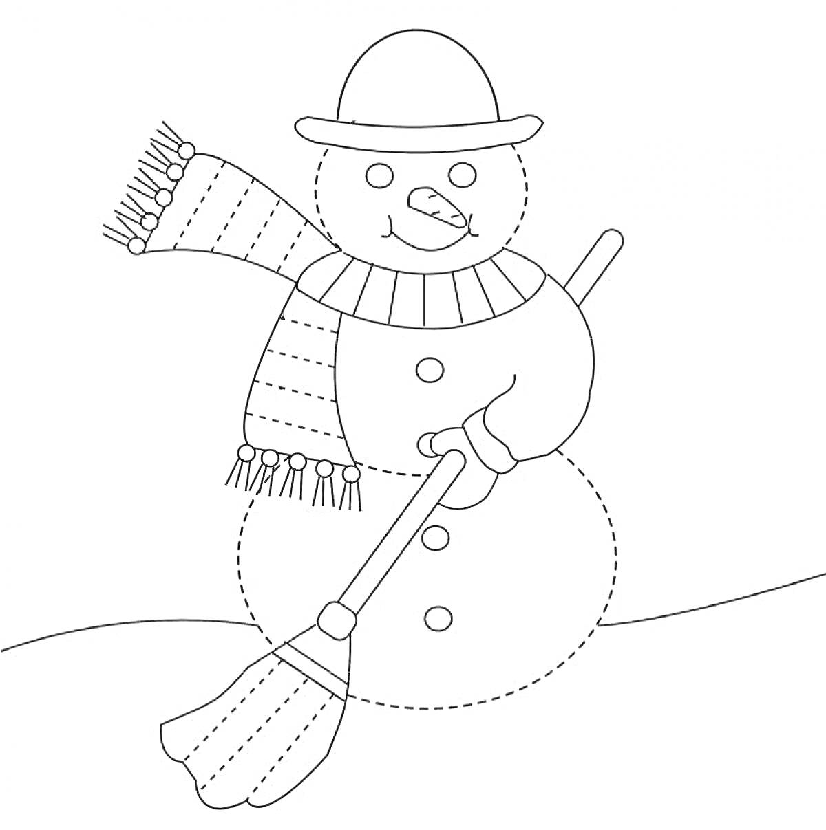 На раскраске изображено: Зима, Снег, Метла, Шляпа, Шарф, Кнопки