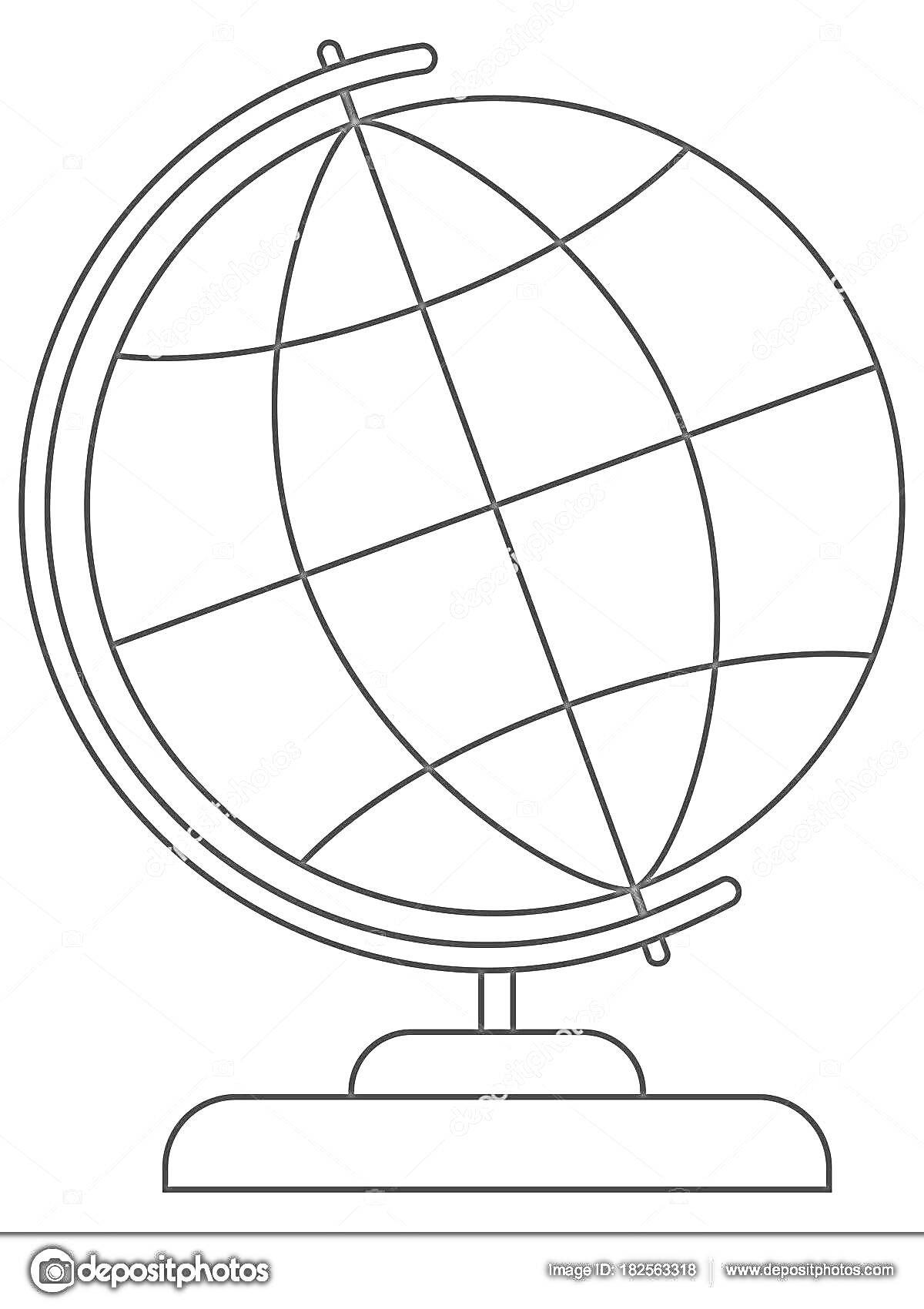 На раскраске изображено: Глобус, Подставка, Меридианы, Параллели, Для детей, 6 лет, 7 лет, Учебные материалы, География, Школьные принадлежности