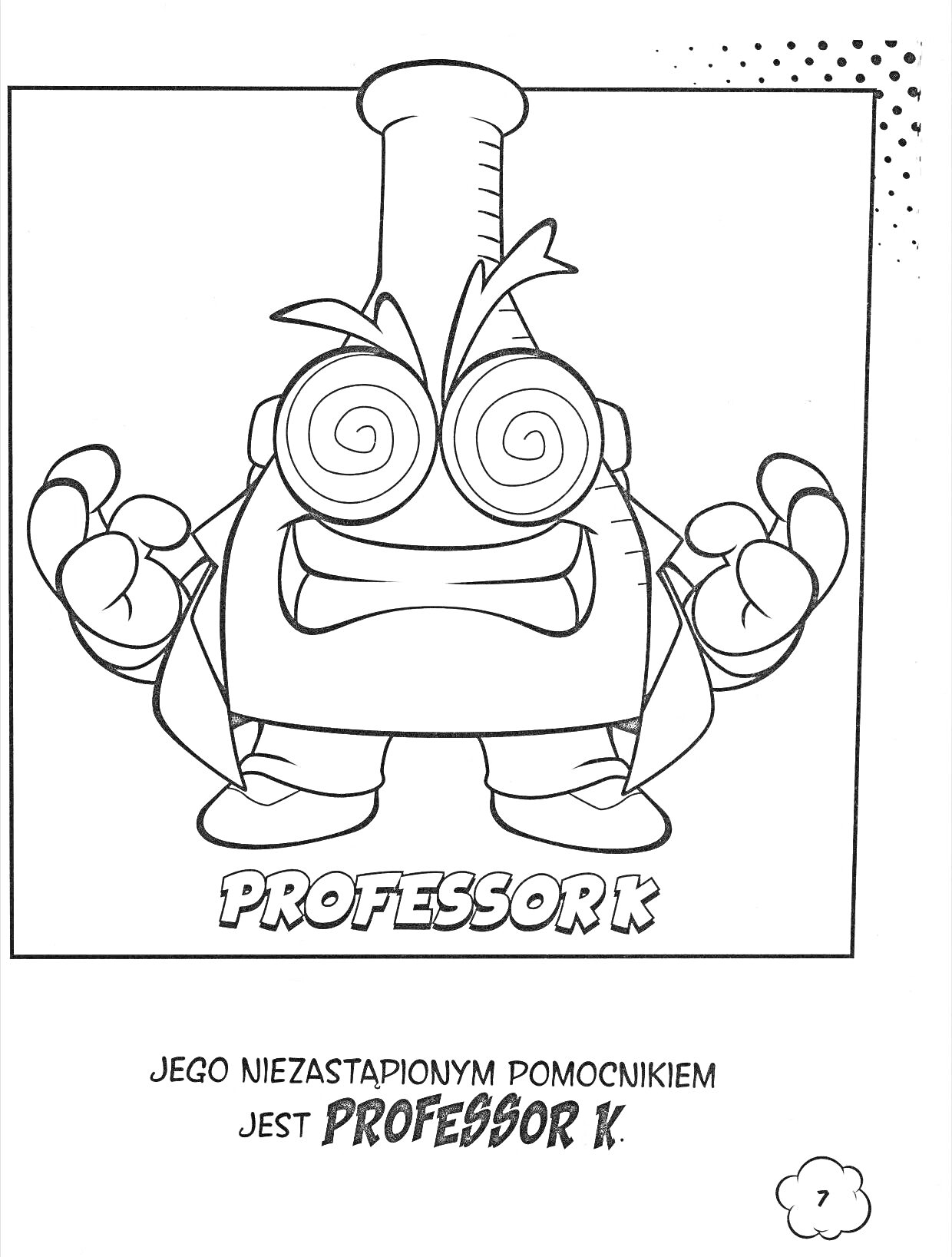 Раскраска Профессор К в лабораторном халате с большими глазами и вытянутой вверх пробиркой