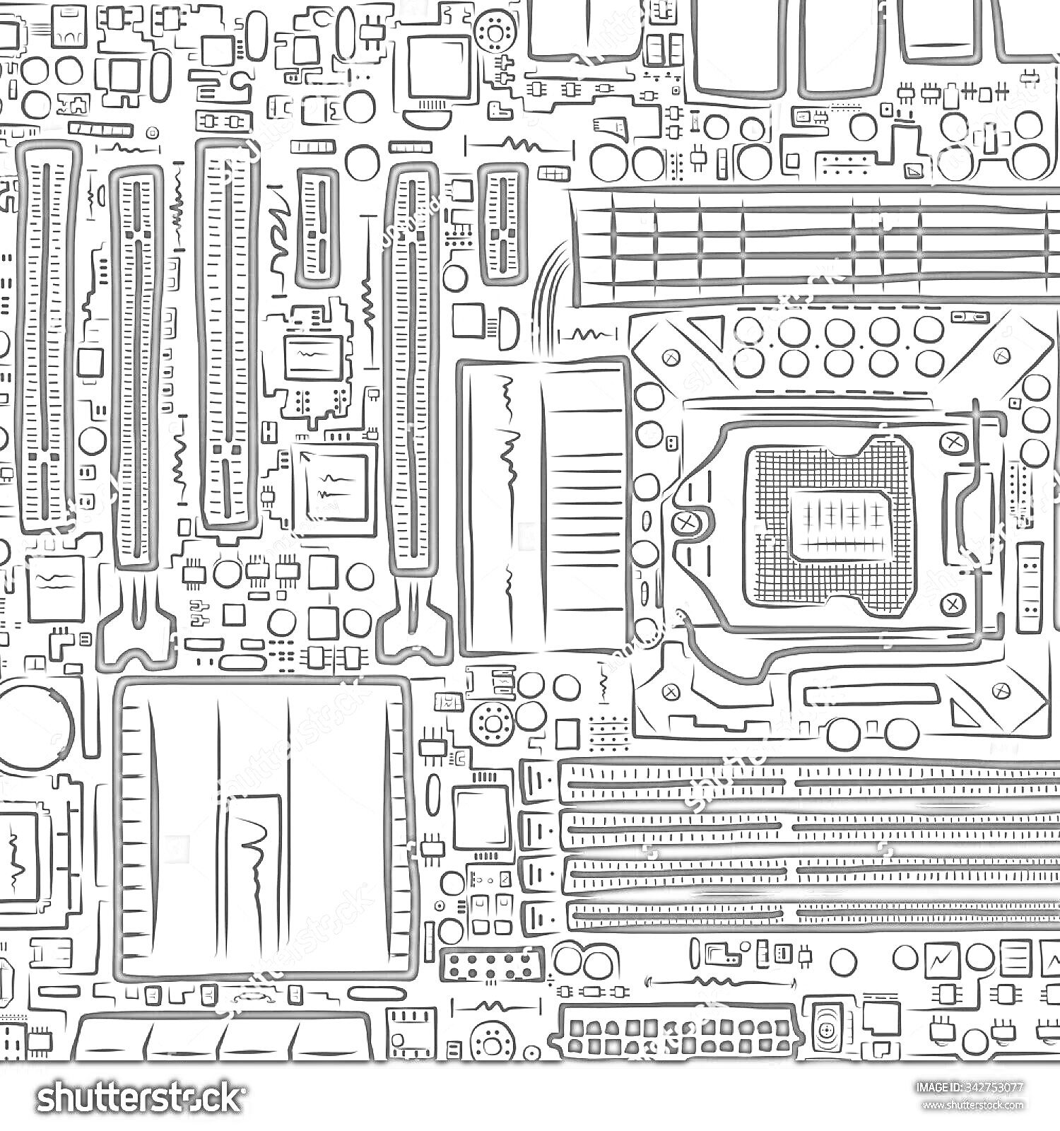 Раскраска Материнская плата с компонентами — разъемы PCIe, процессорное гнездо, модули оперативной памяти, конденсаторы, резисторы, разъемы питания, элементы схемы