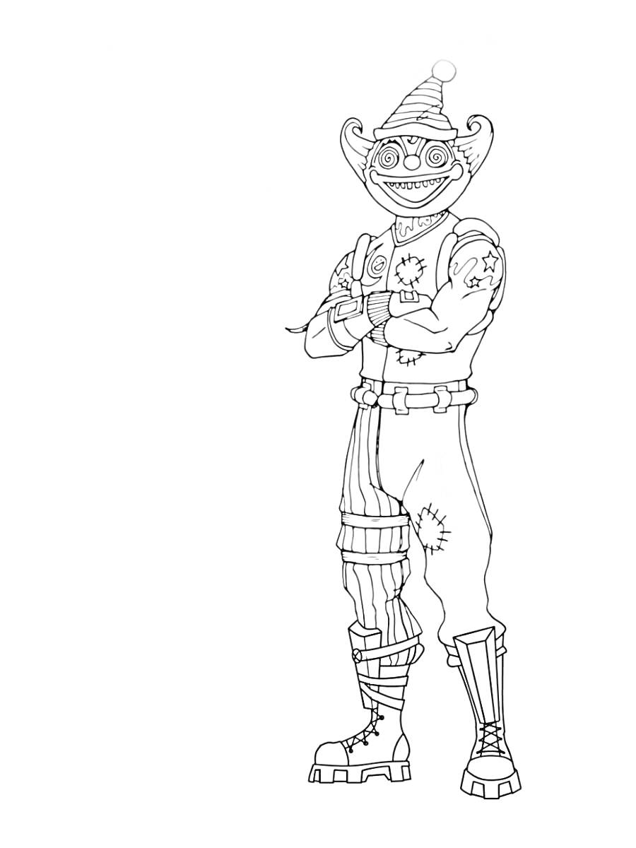 Раскраска Персонаж из Fortnite в колпаке с помпоном, в полосатых штанах и ботинках
