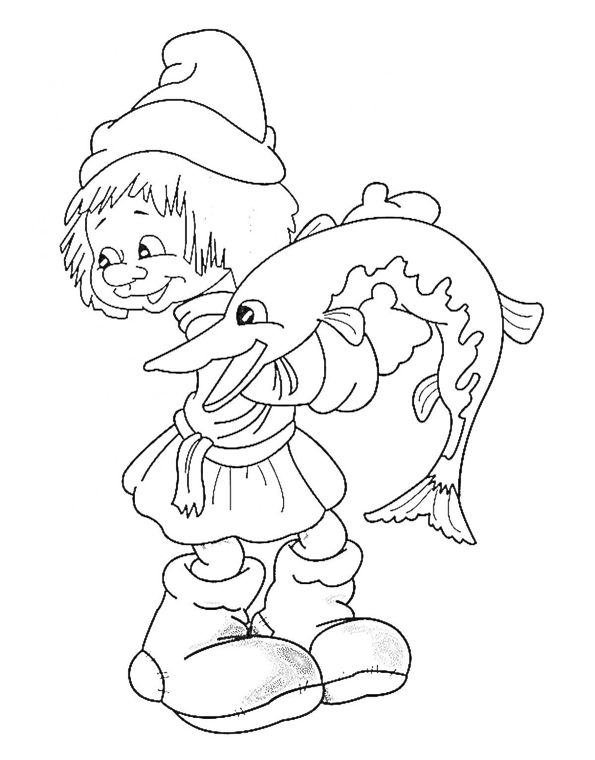На раскраске изображено: Мальчик, Шапка, Сапоги, Щука, Рыба, По щучьему велению
