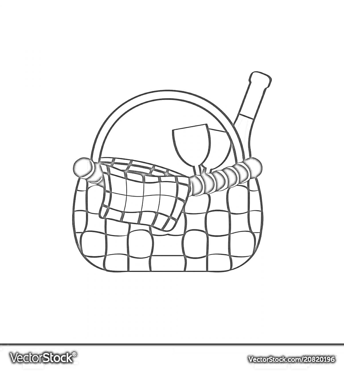 Раскраска Корзина для пикника с бутылкой, бокалом и скатертью
