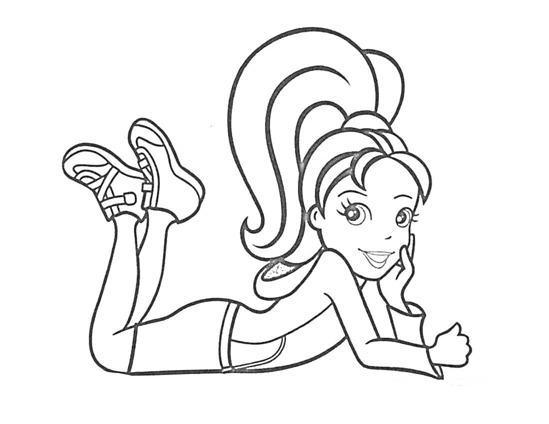 Раскраска Полли Покет лежит на животе, улыбается, опираясь рукой на лицо, одета в спортивные туфли и штаны