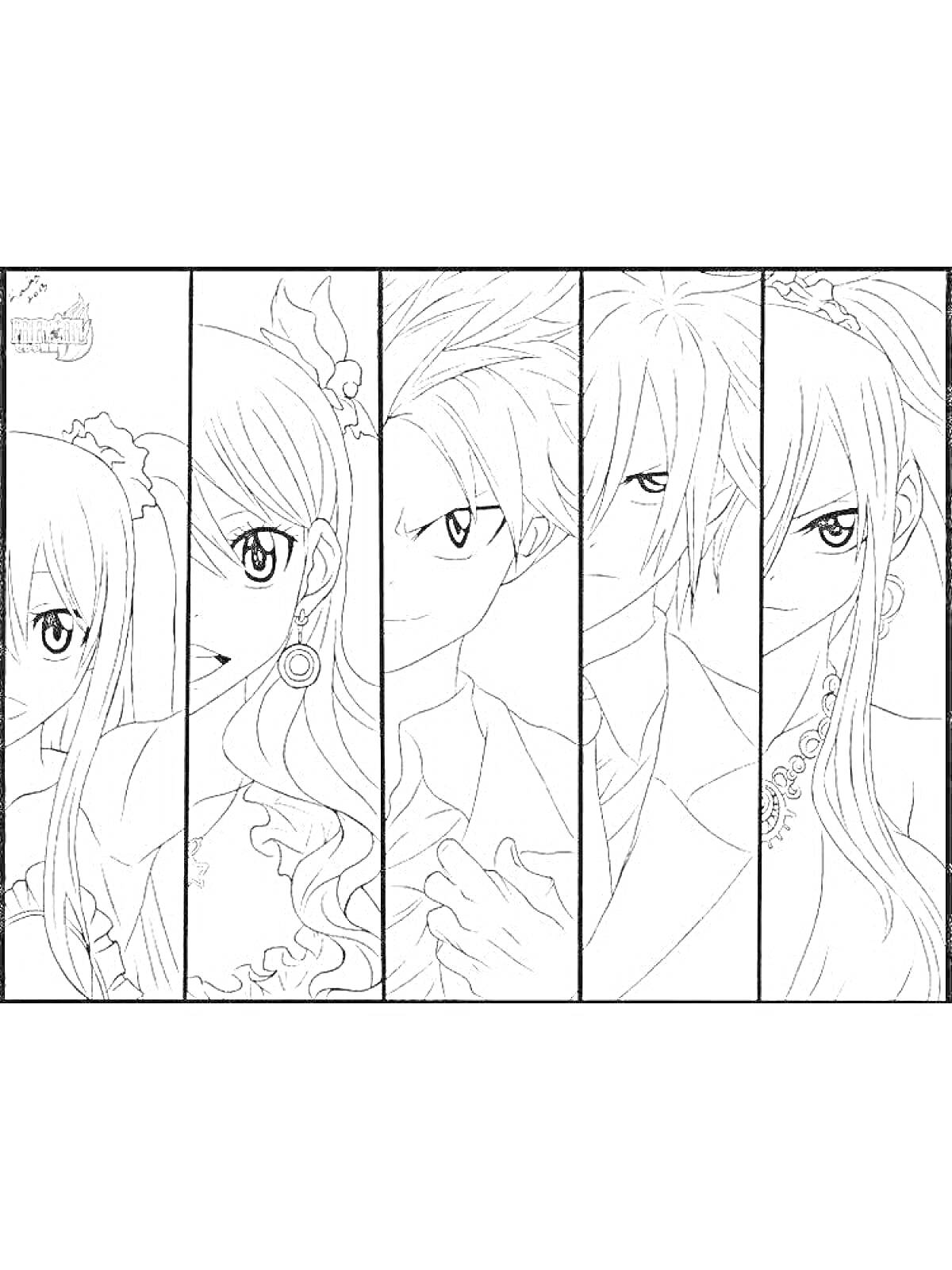 Раскраска Пять персонажей аниме в разных панелях с грациозными нарядами
