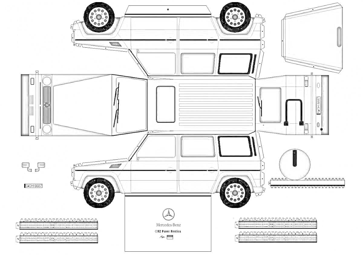 На раскраске изображено: Сборная модель, Бумага, Джип, Mercedes-Benz, Своими руками, Творчество